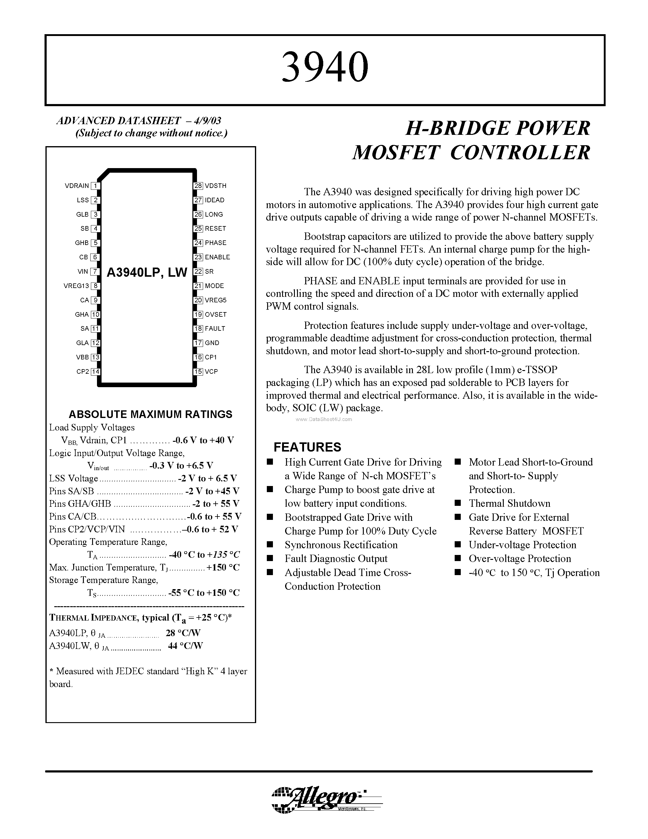 Даташит 3940 - H-bridge Power MOSFET Controller страница 1