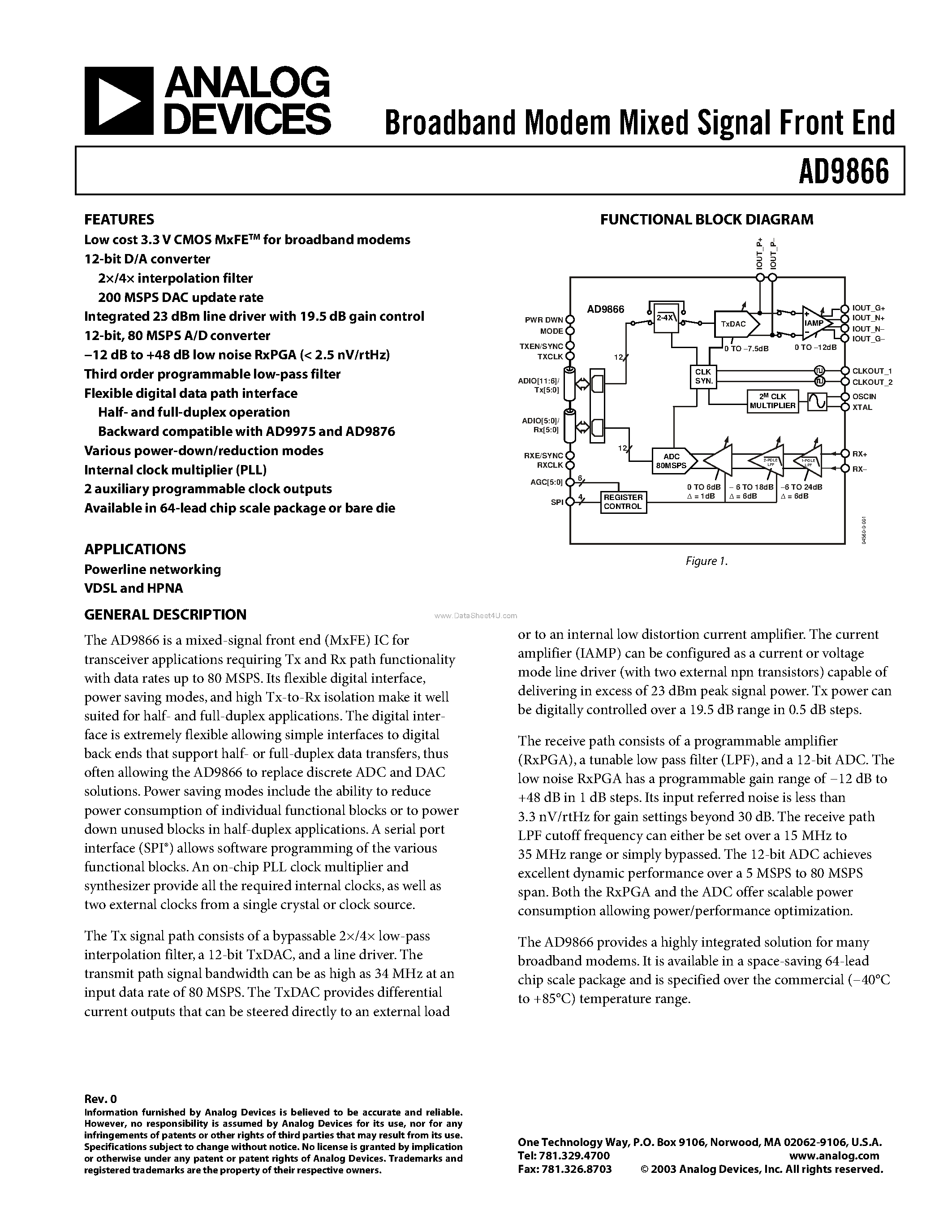 Datasheet AD9866 - 12-Bit Broadband Modem Mixed Signal Front End page 1