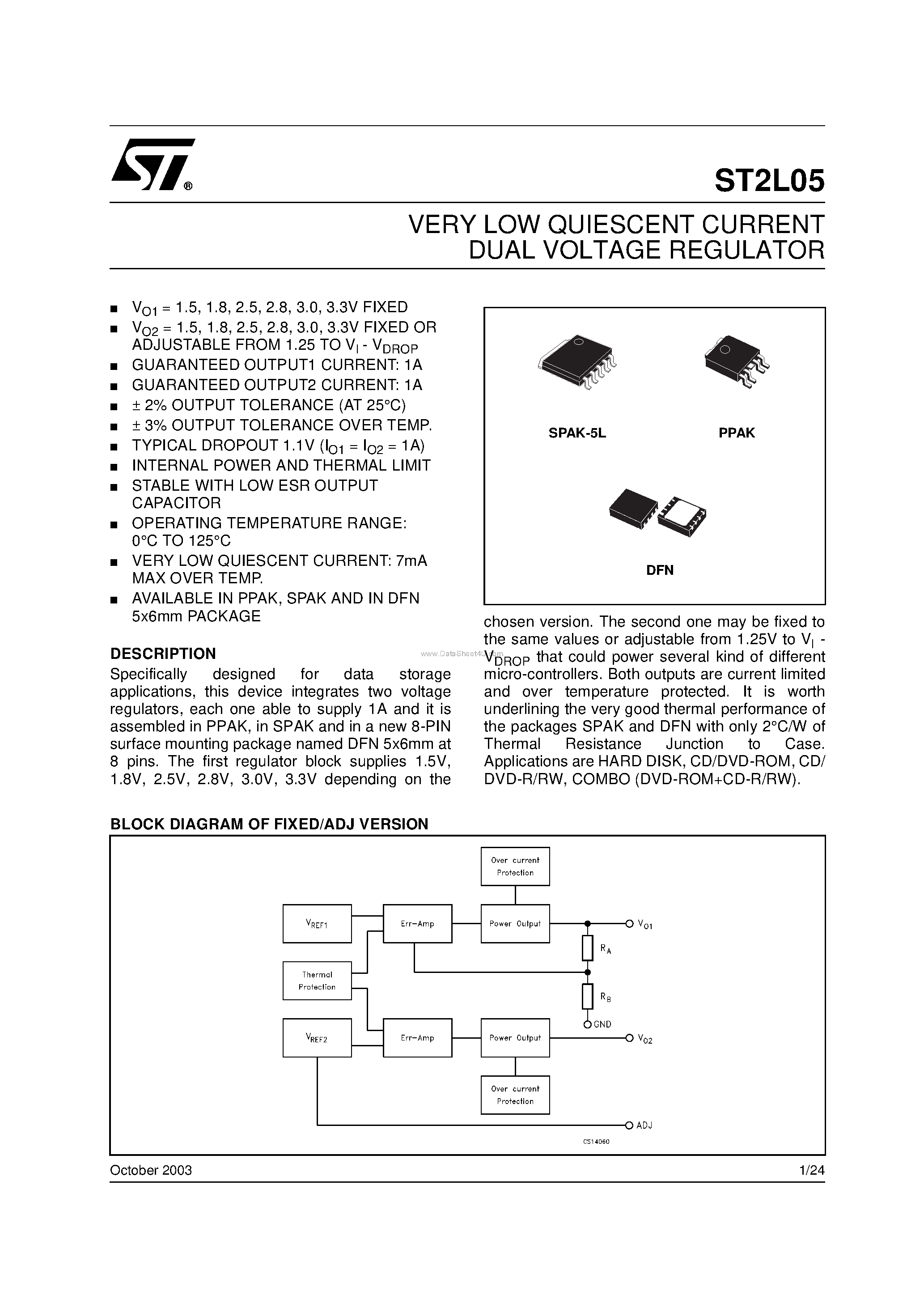 Даташит ST2L05 - VERY LOW QUIESCENT CURRENT DUAL VOLTAGE REGULATOR страница 1