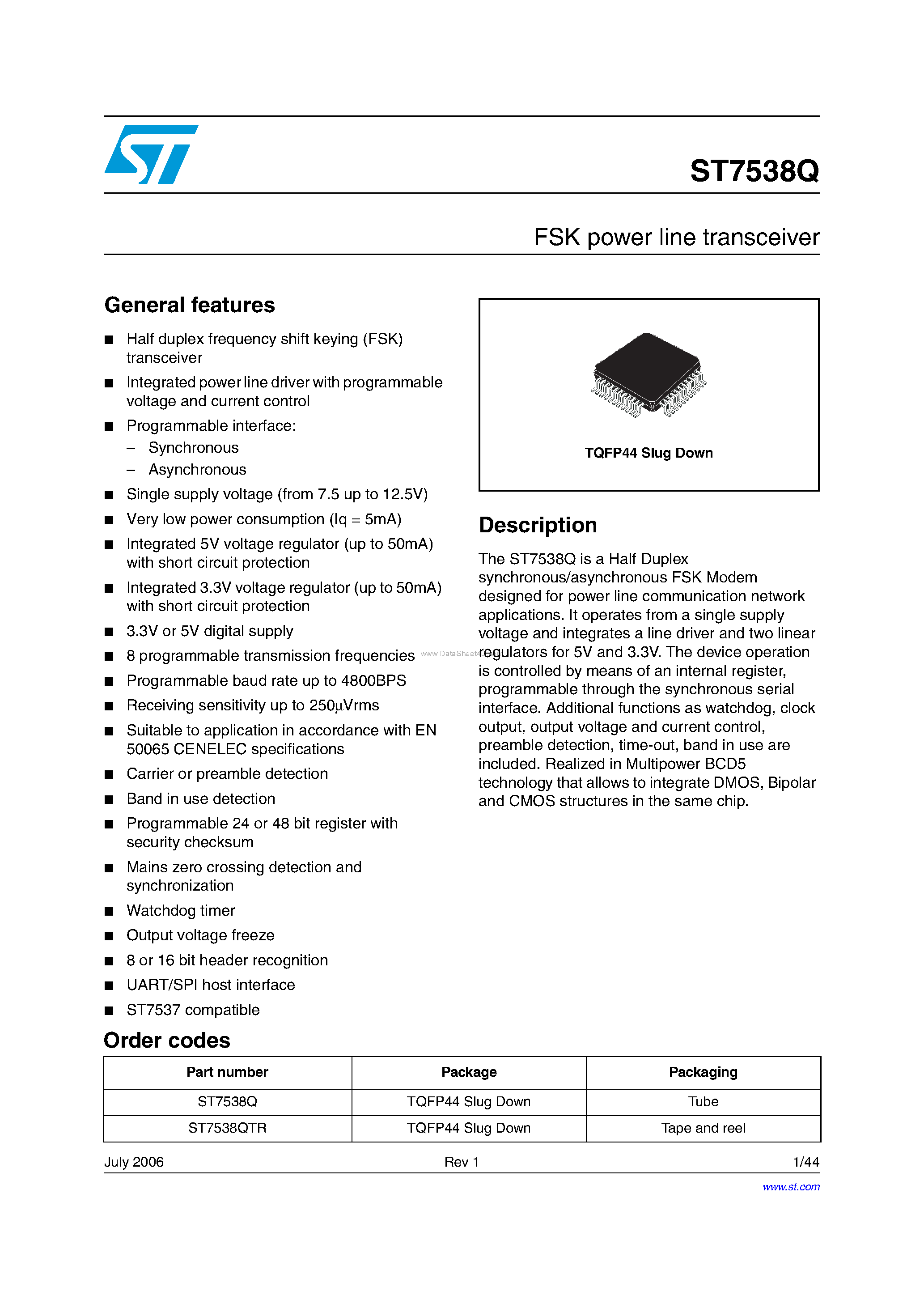 Даташит ST7538Q - FSK power line transceiver страница 1