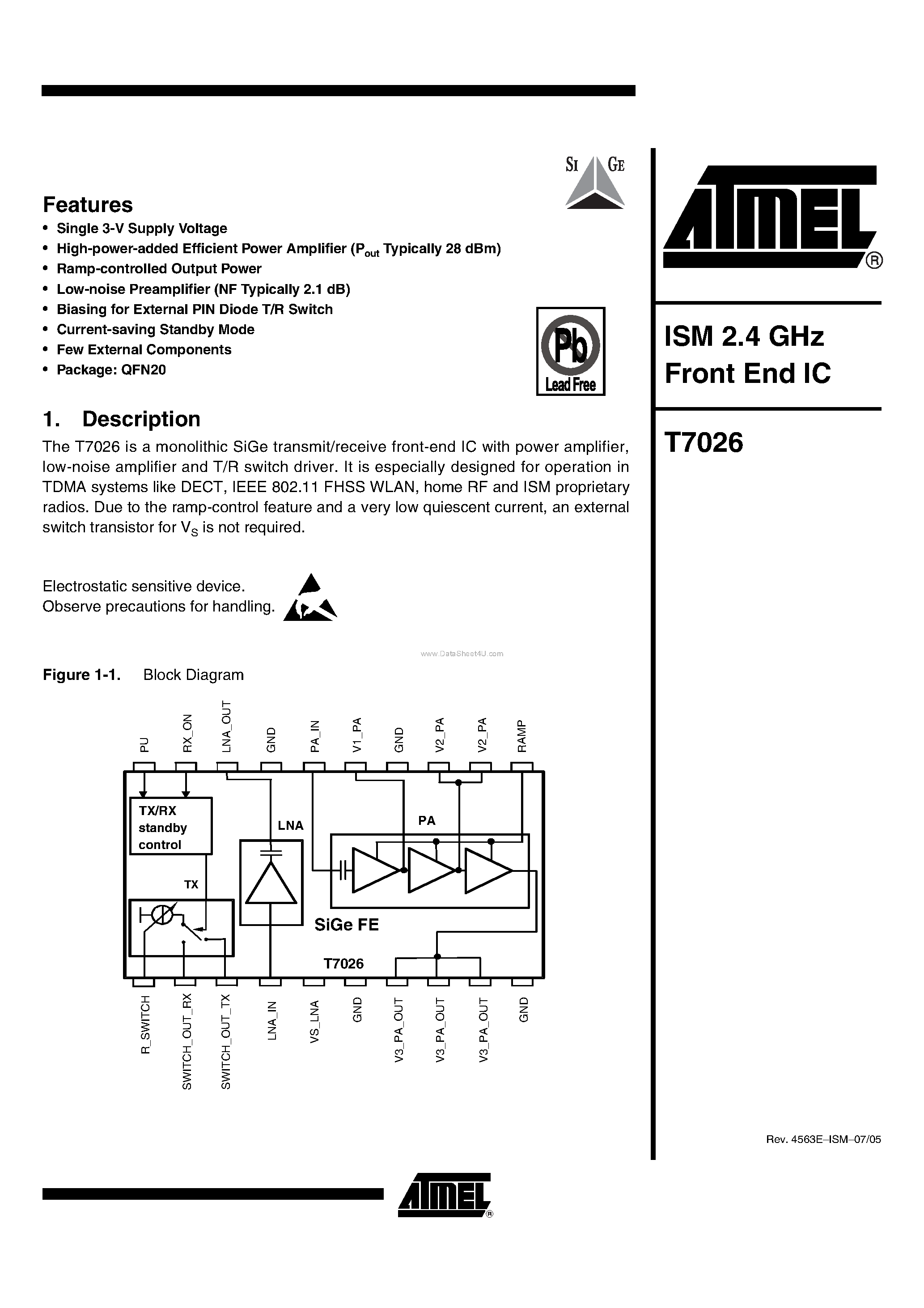 Даташит T7026 - ISM 2.4 GHz Front End IC страница 1