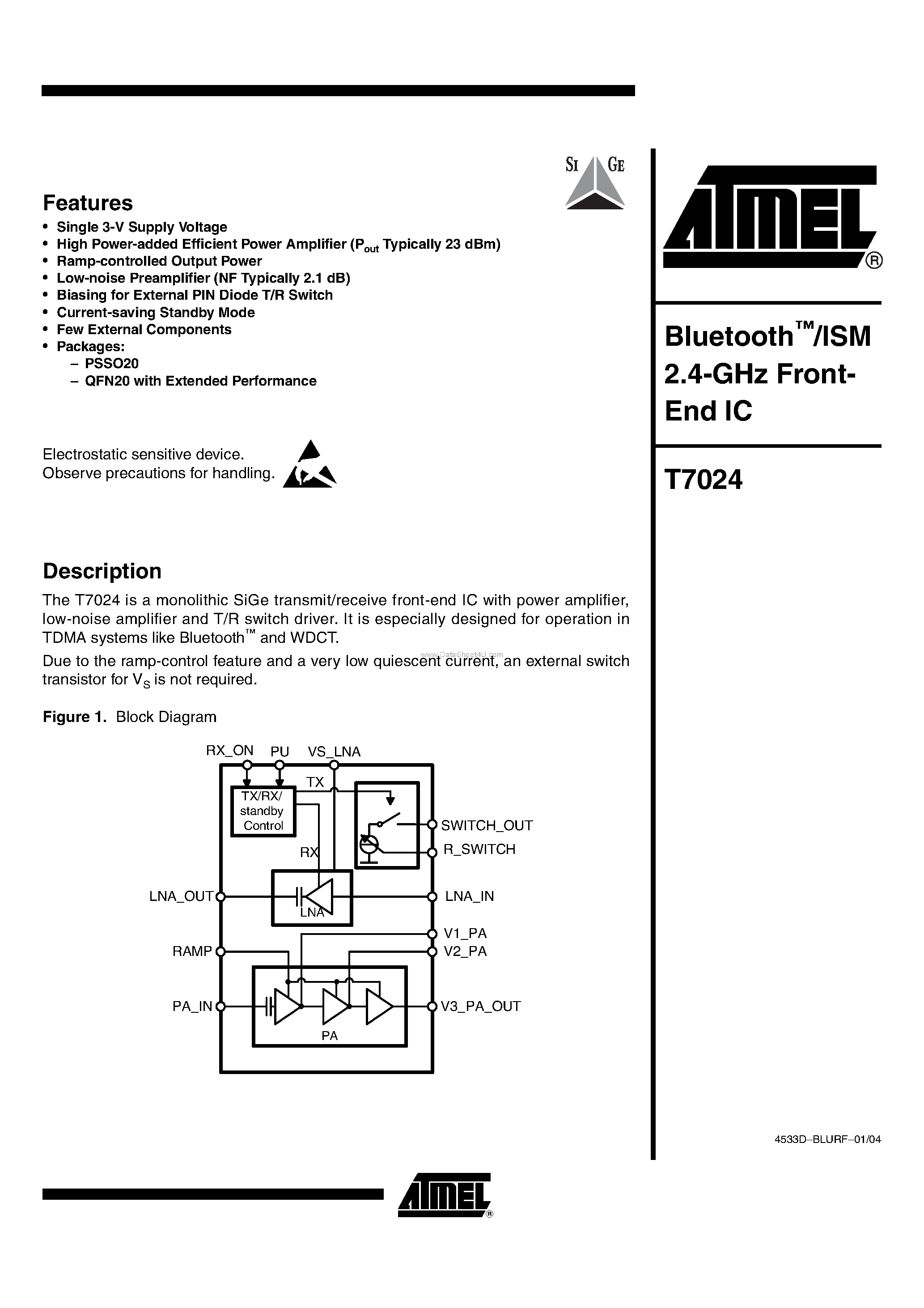 Даташит T7024 - ISM 2.4-GHz Front- End IC страница 1