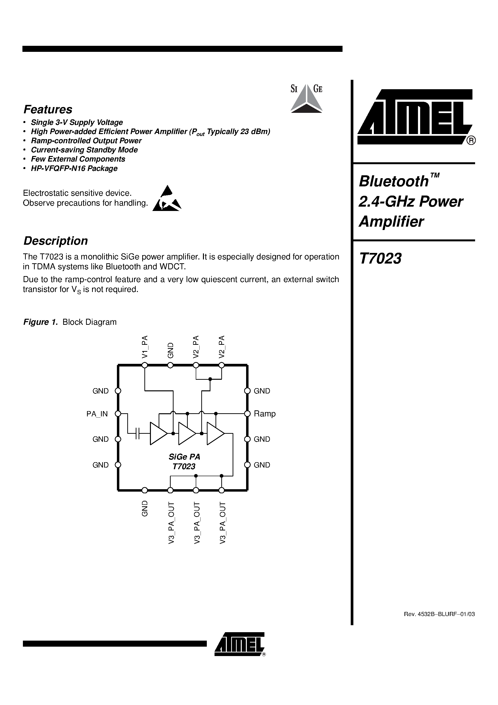 Даташит T7023 - Bluetooth 2.4-GHz Power Amplifier страница 1