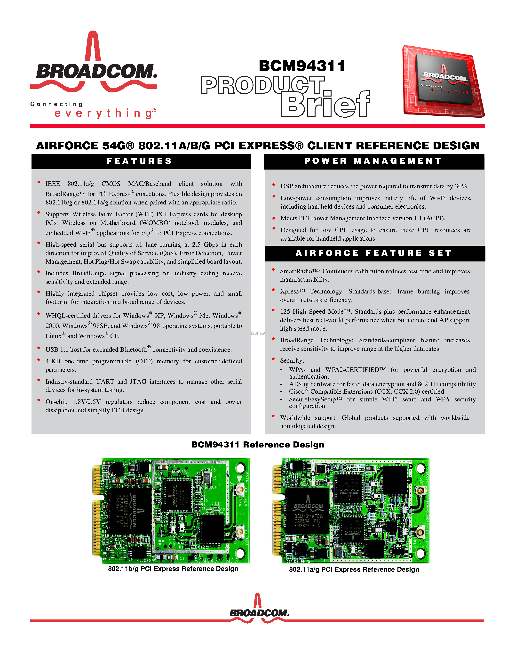 Даташит BCM94311 - AIRFORCE 54G 802.11A/B/G PCI EXPRESS CLIENT REFERENCE DESIGN страница 1