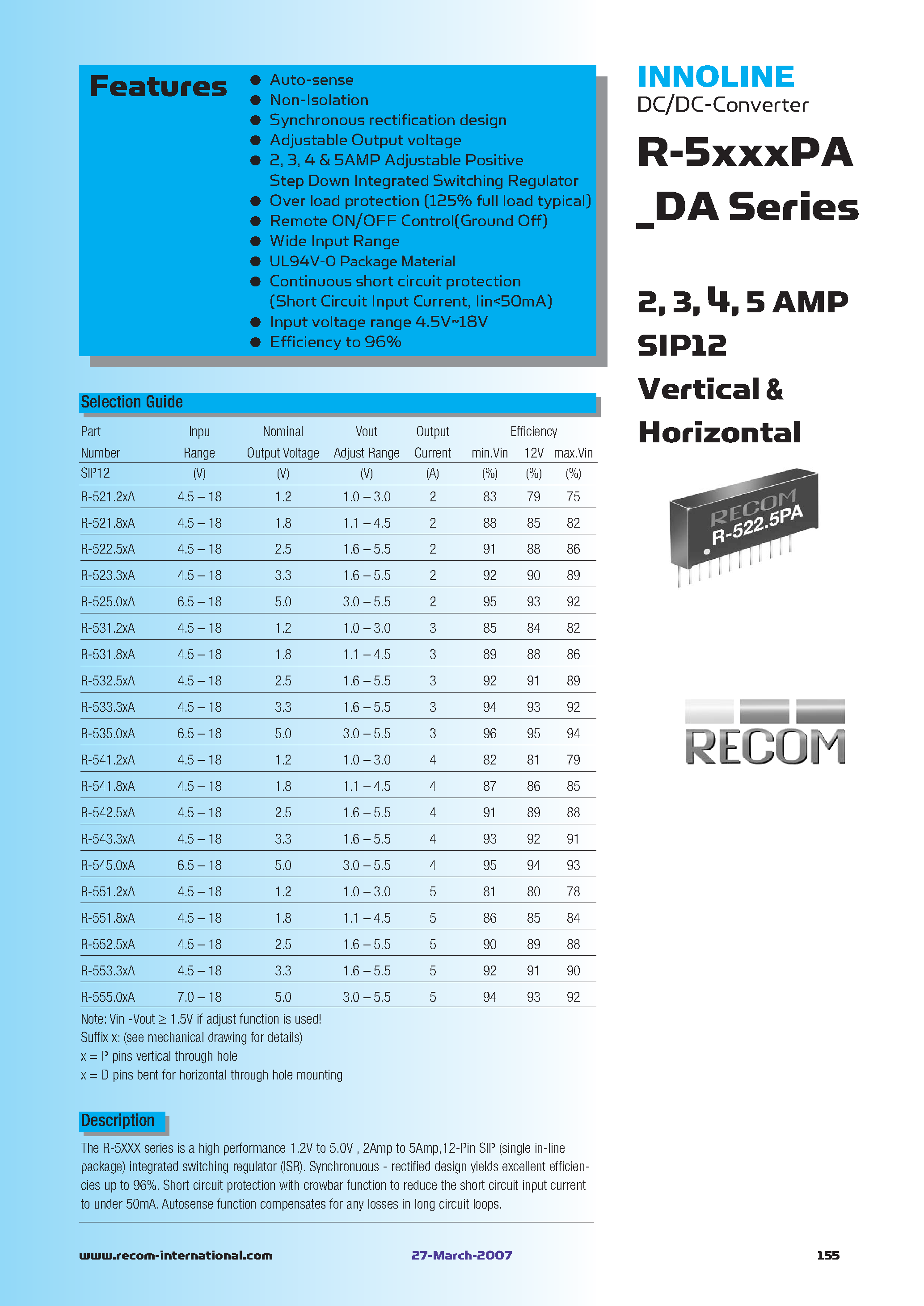 Datasheet R-521.2PA - SIP12 Vertical & Horizontal page 1