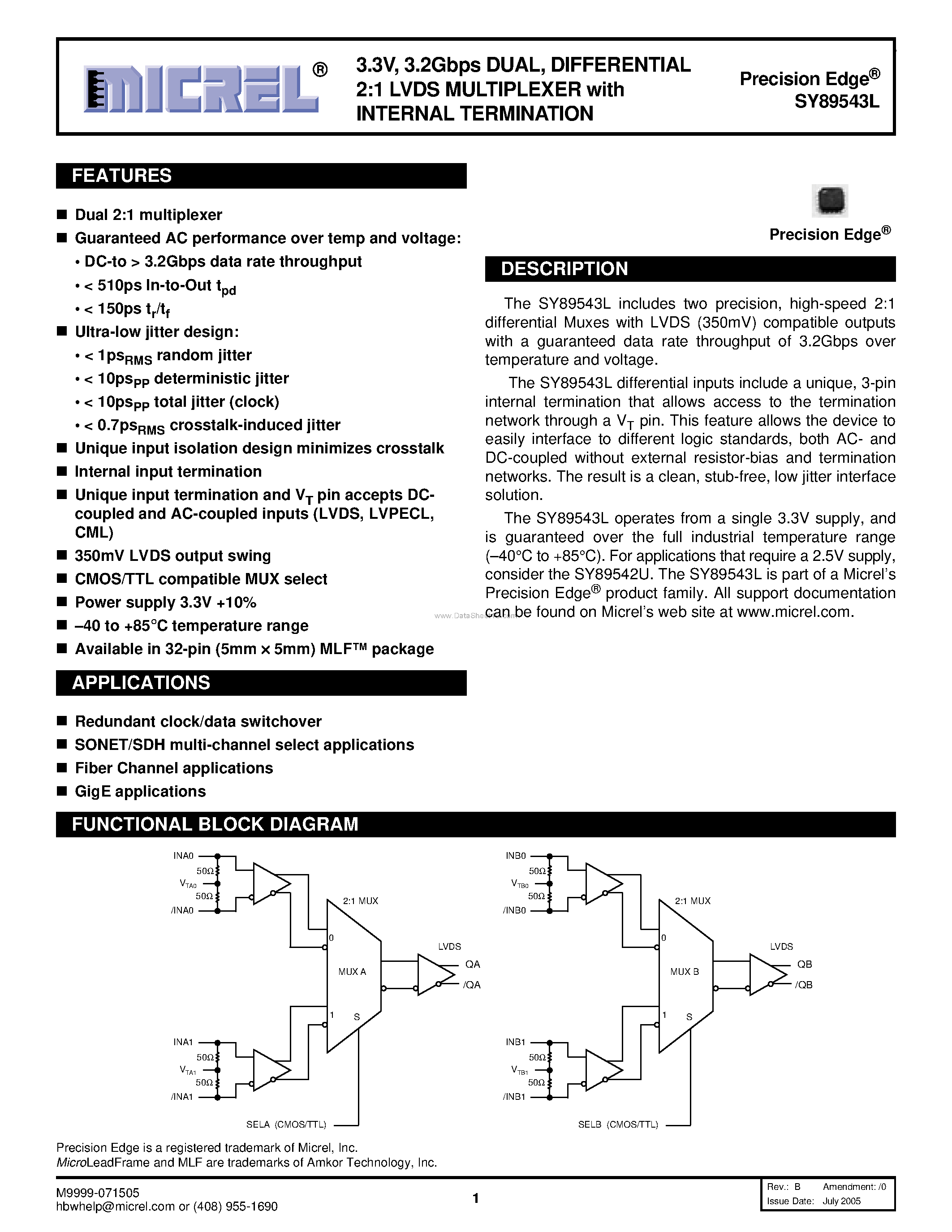 Даташит SY89543L - DIFFERENTIAL 2:1 LVDS MULTIPLEXER страница 1