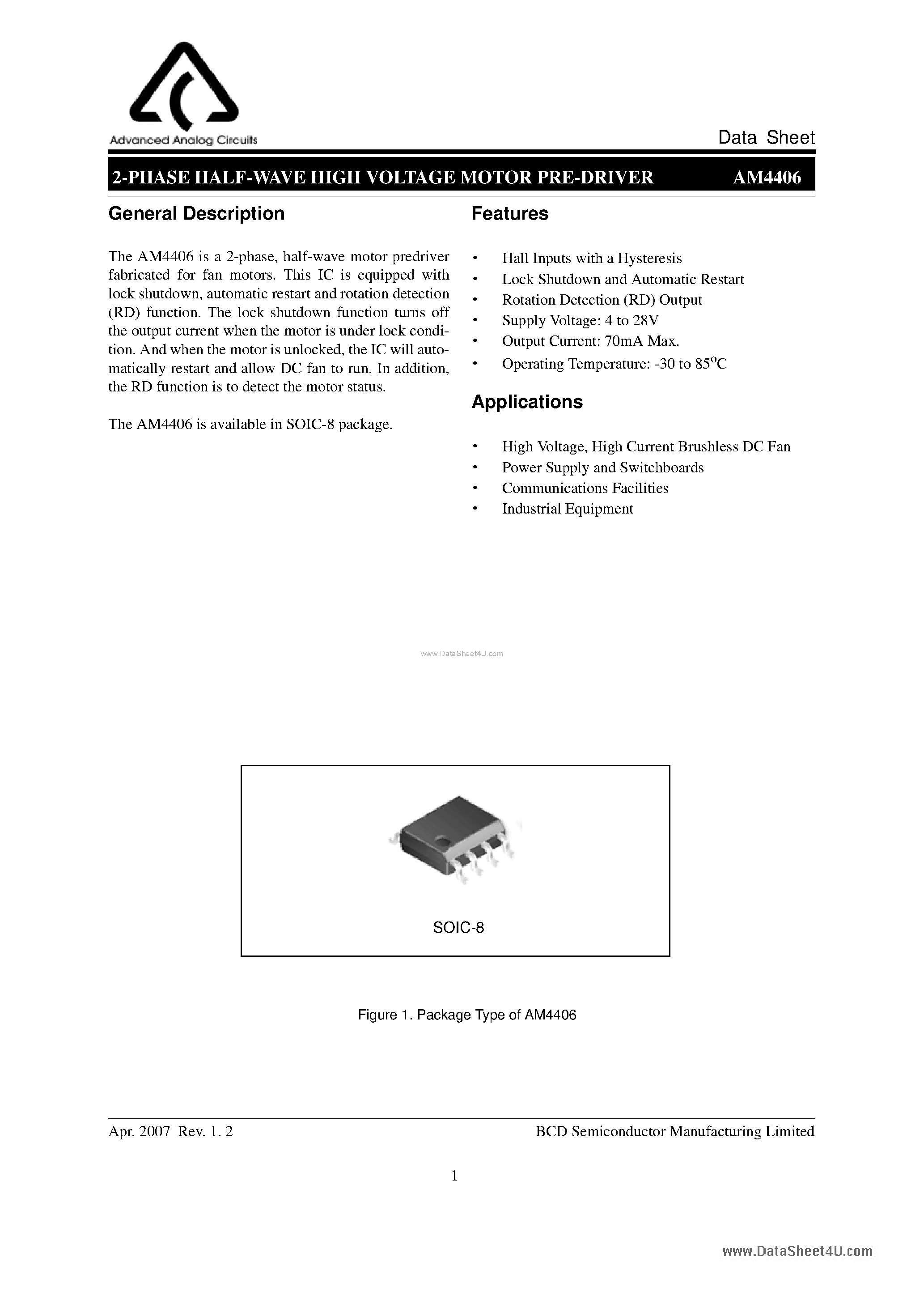 Datasheet AM4406 - 2-PHASE HALF-WAVE HIGH VOLTAGE MOTOR PRE-DRIVER page 1