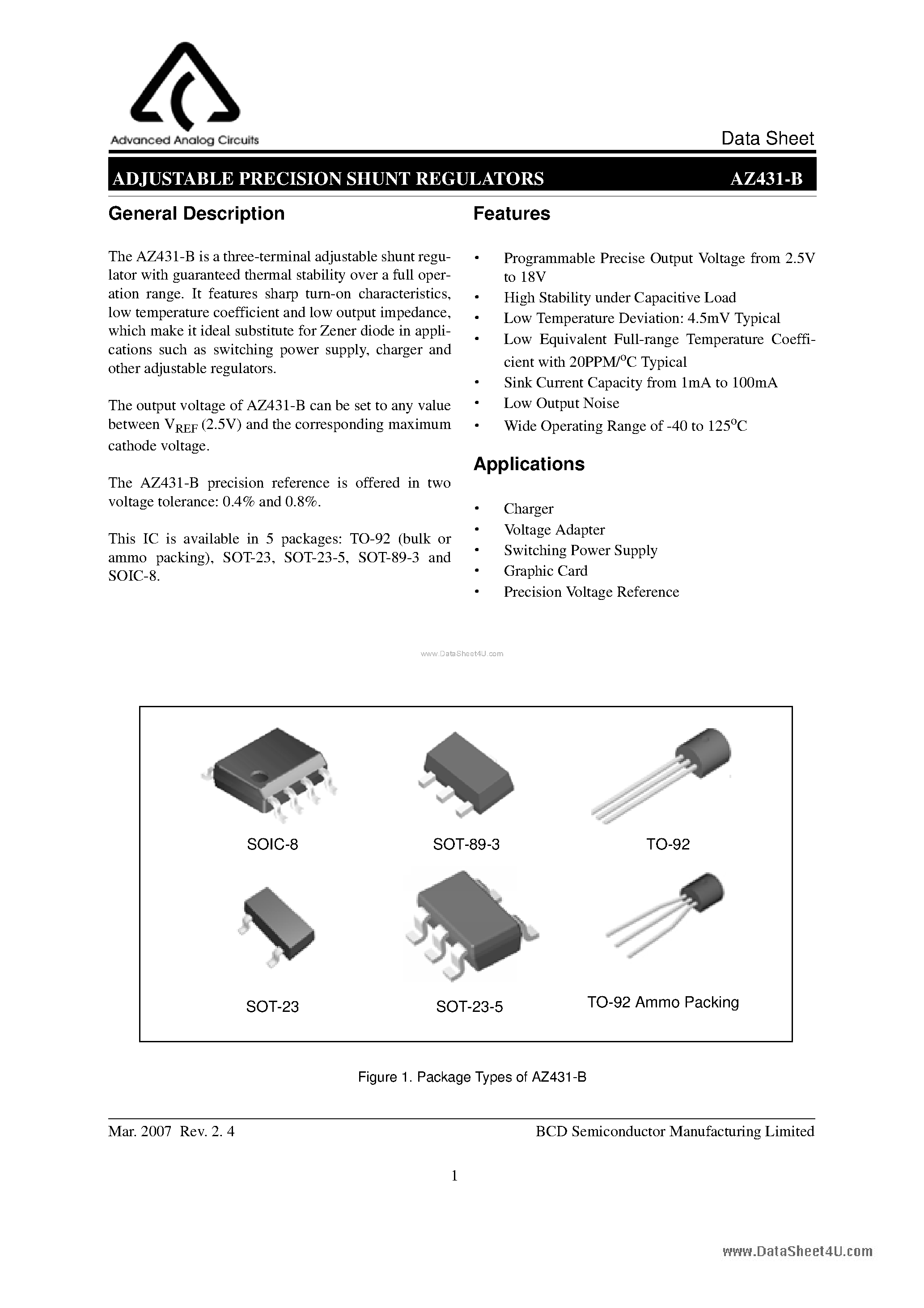 Datasheet AZ431-B - ADJUSTABLE PRECISION SHUNT REGULATORS page 1