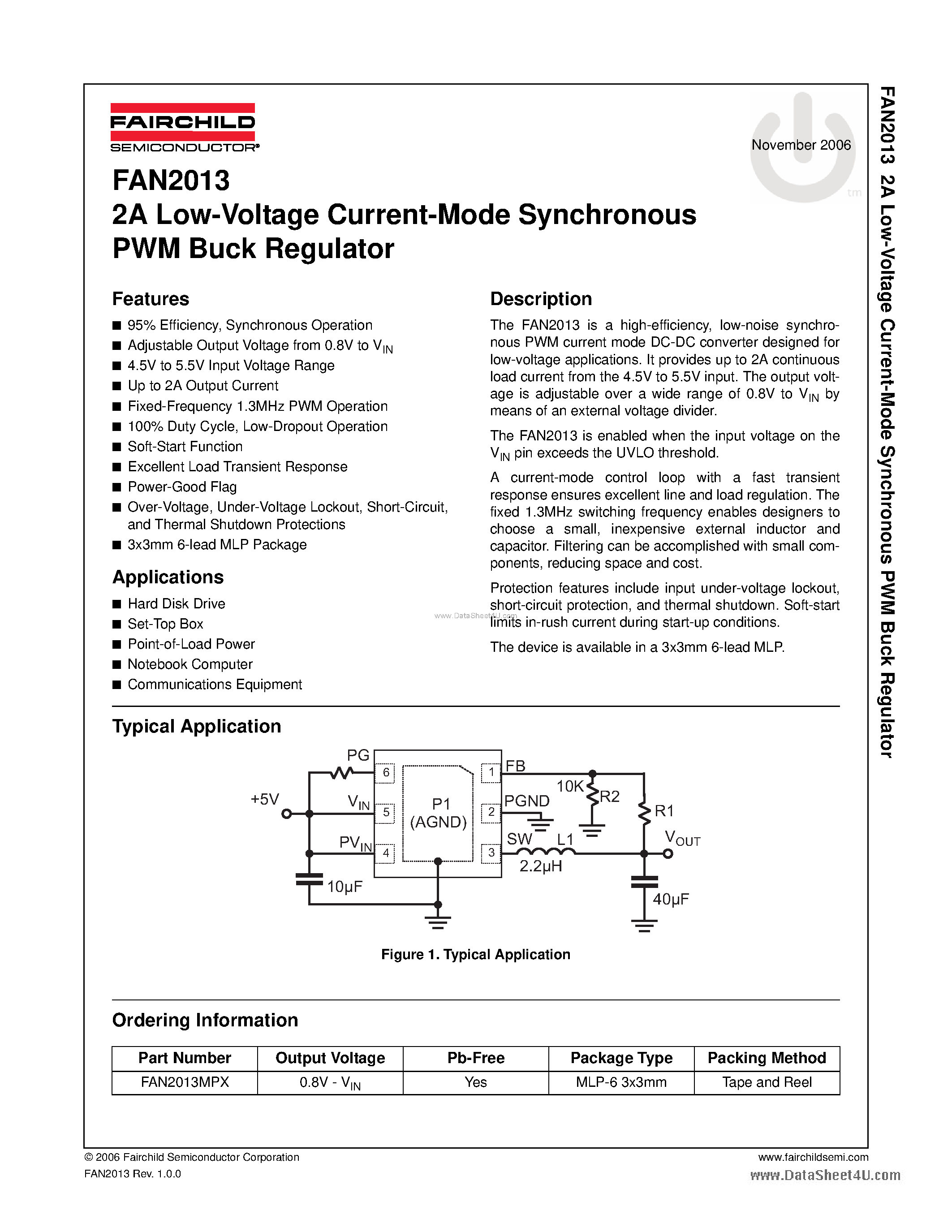 Даташит FAN2013 - Low-Voltage Current-Mode Synchronous PWM Buck Regulator страница 1