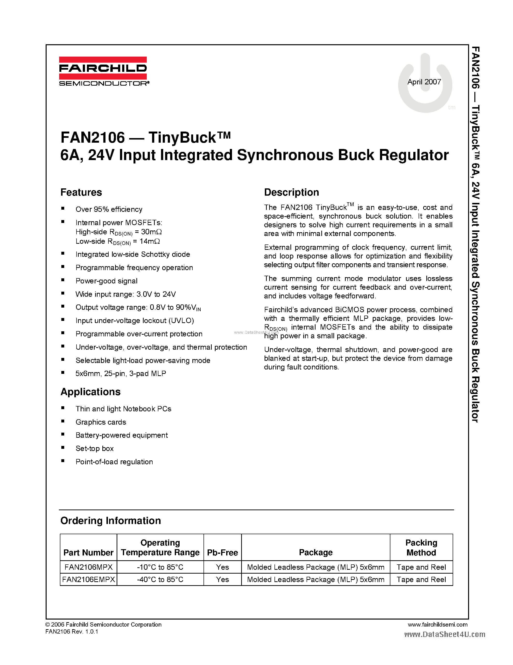 Даташит FAN2106 - TinyBuck 6A 24V Input Integrated Synchronous Buck Regulator страница 1