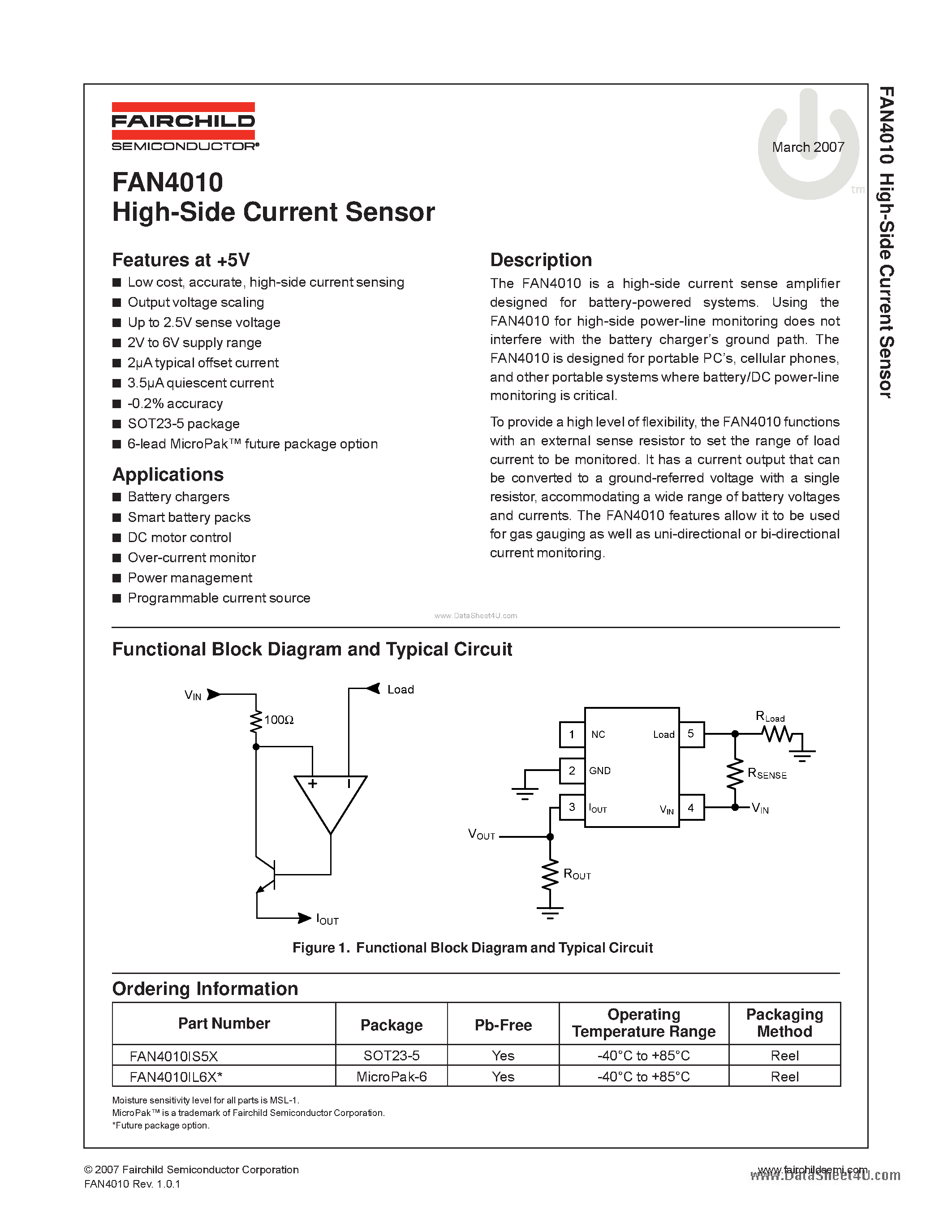 Даташит FAN4010 - High-Side Current Sensor страница 1