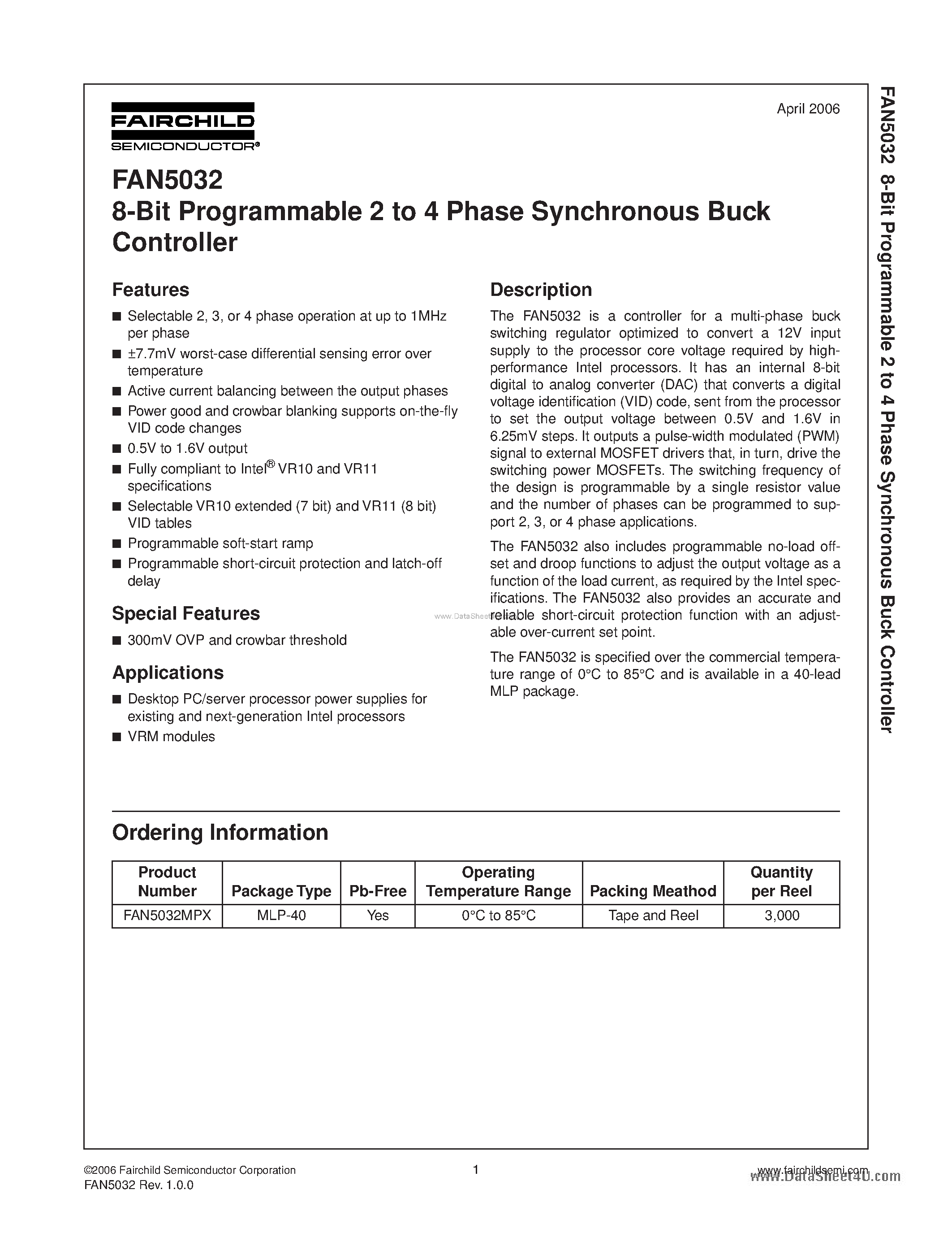 Даташит FAN5032 - 8-Bit Programmable 2 to 4 Phase Synchronous Buck Controller страница 1