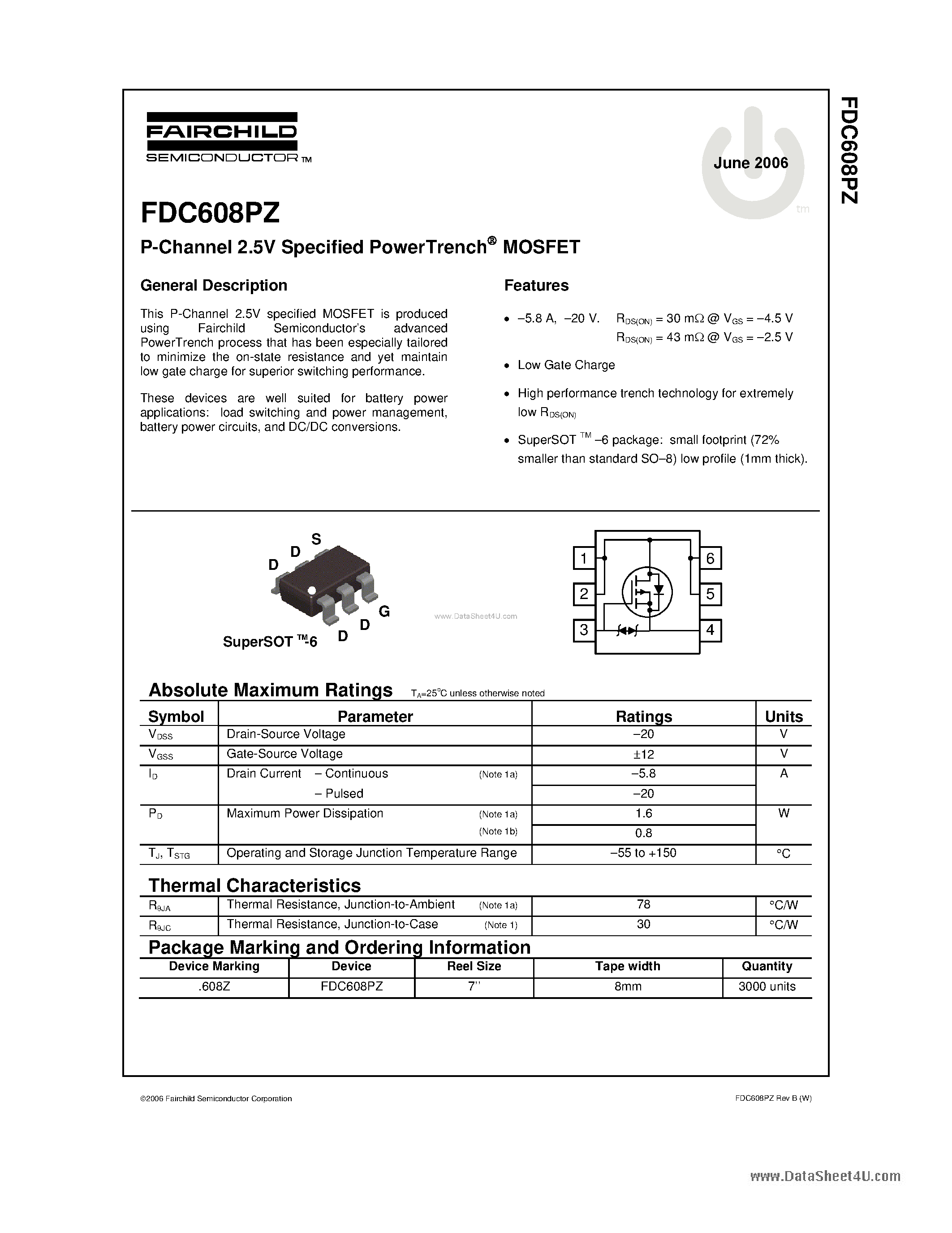 Datasheet FDC608PZ - N-Channel MOSFET page 1