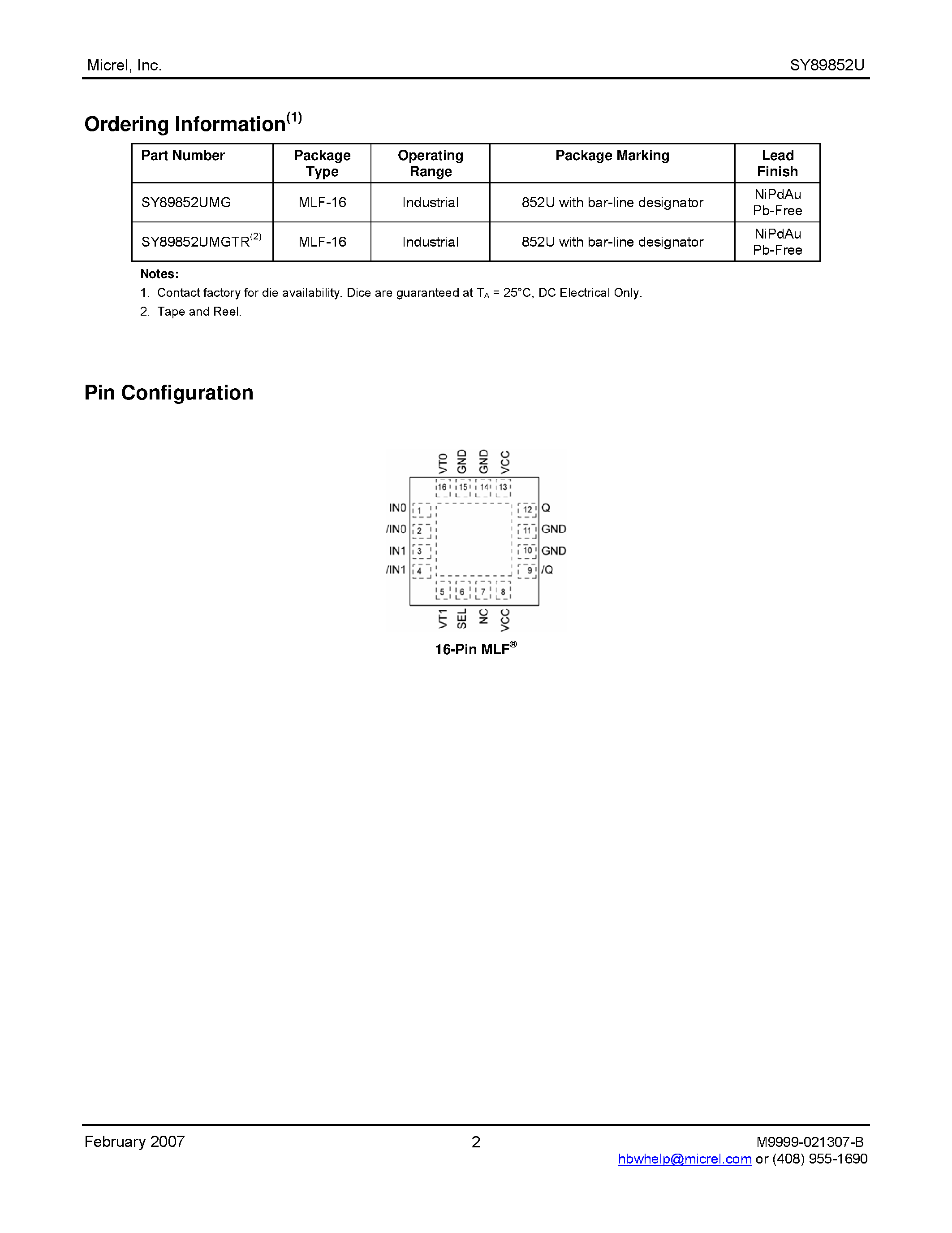 Даташит SY89852U - Precision Low Power Differential 2:1 LVPECL MUX страница 2