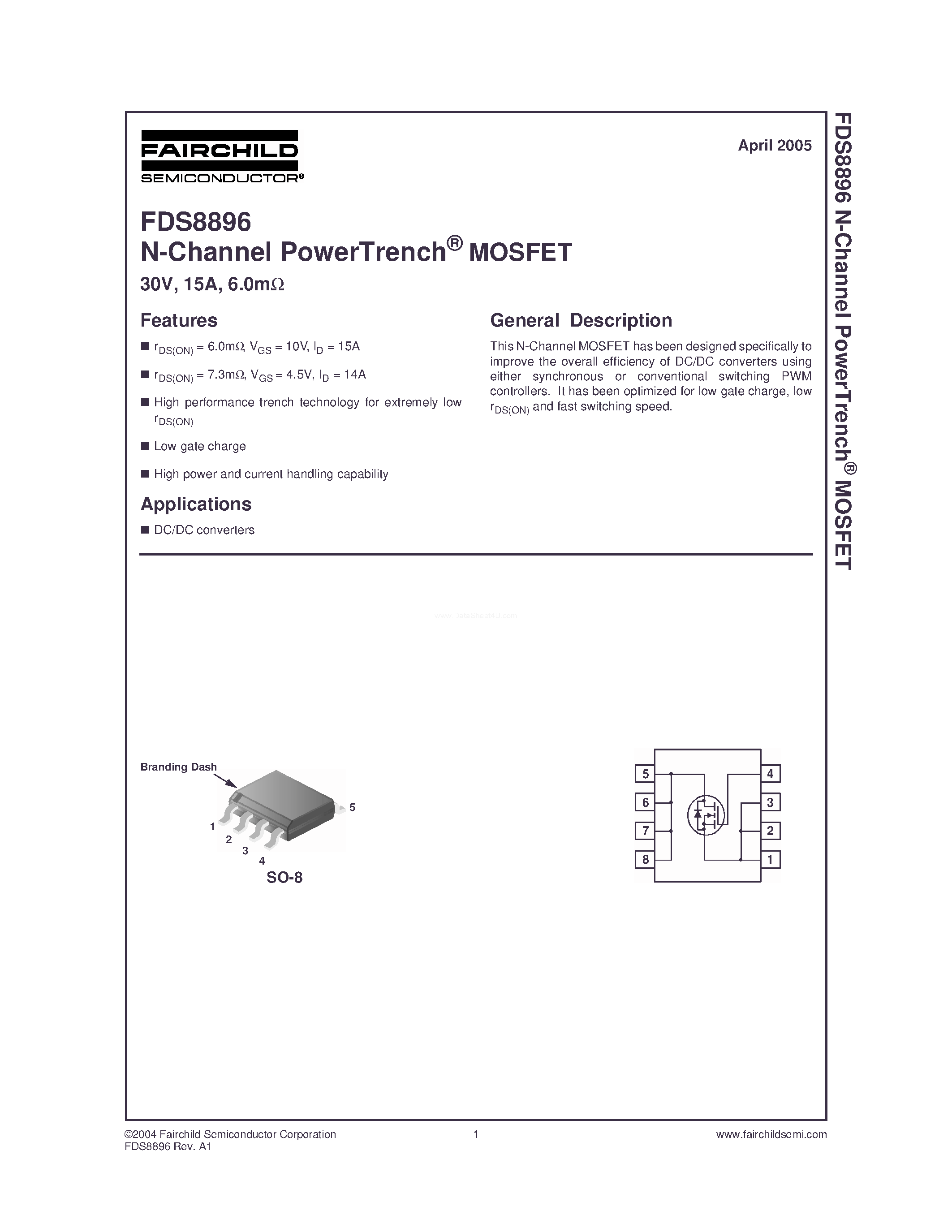 Datasheet FDS8896 - N-Channel MOSFET page 1