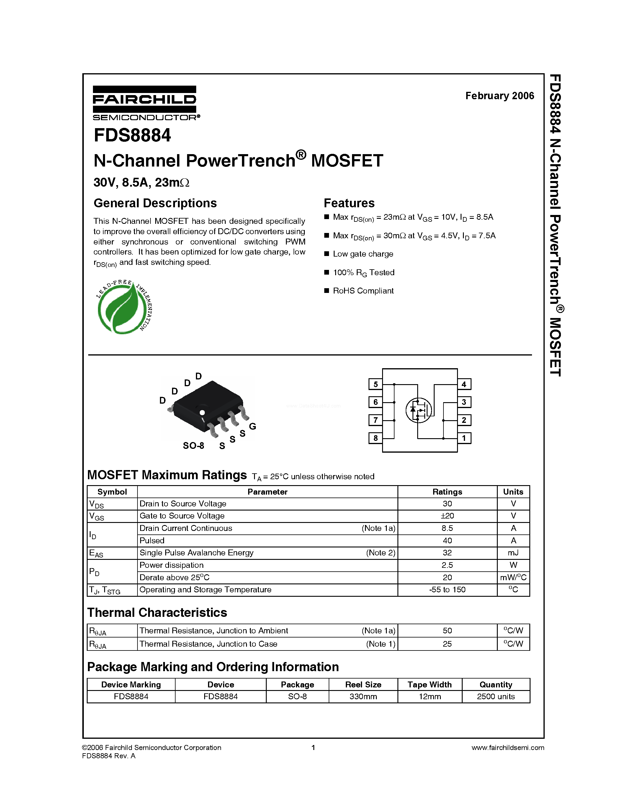 Datasheet FDS8884 - N-Channel MOSFET page 1