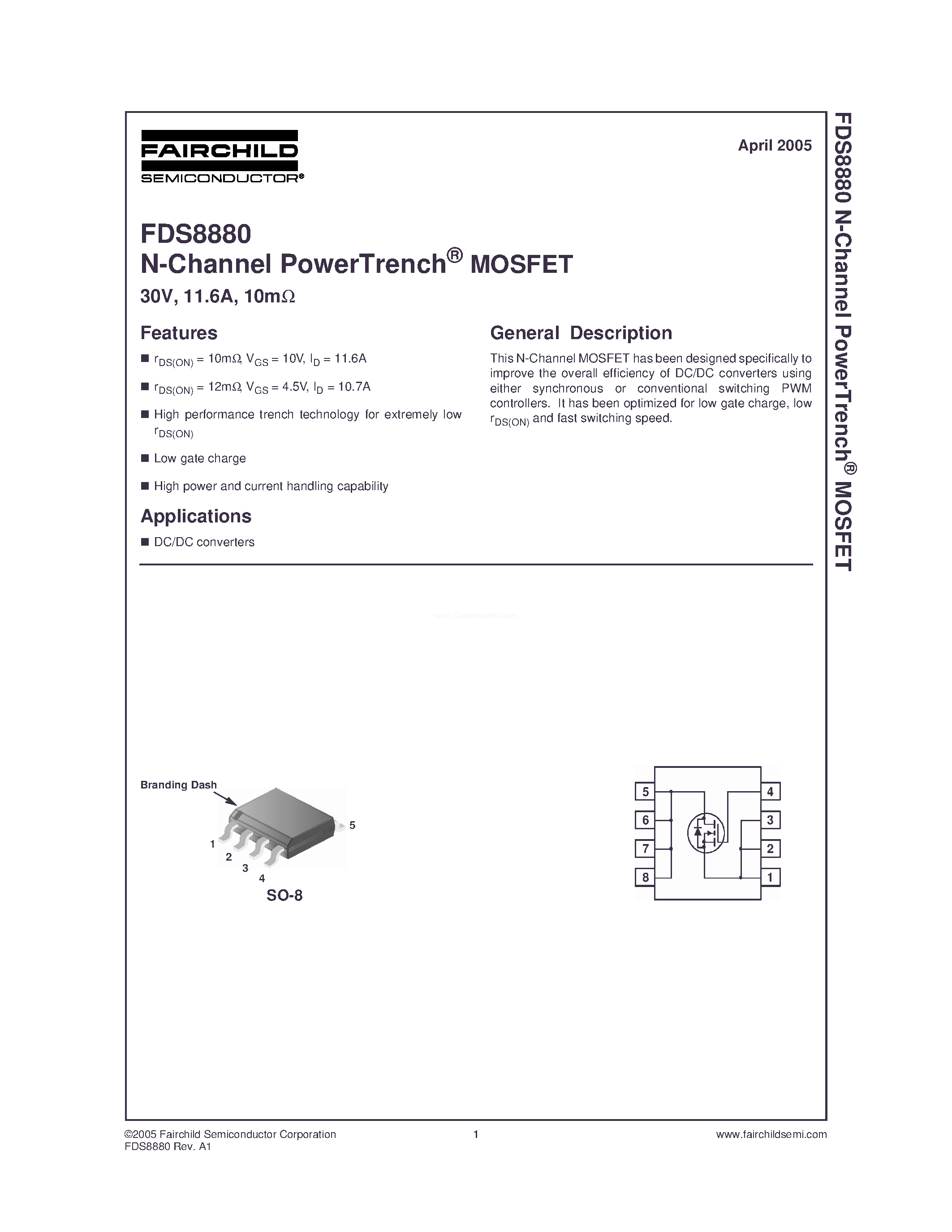 Datasheet FDS8880 - N-Channel MOSFET page 1