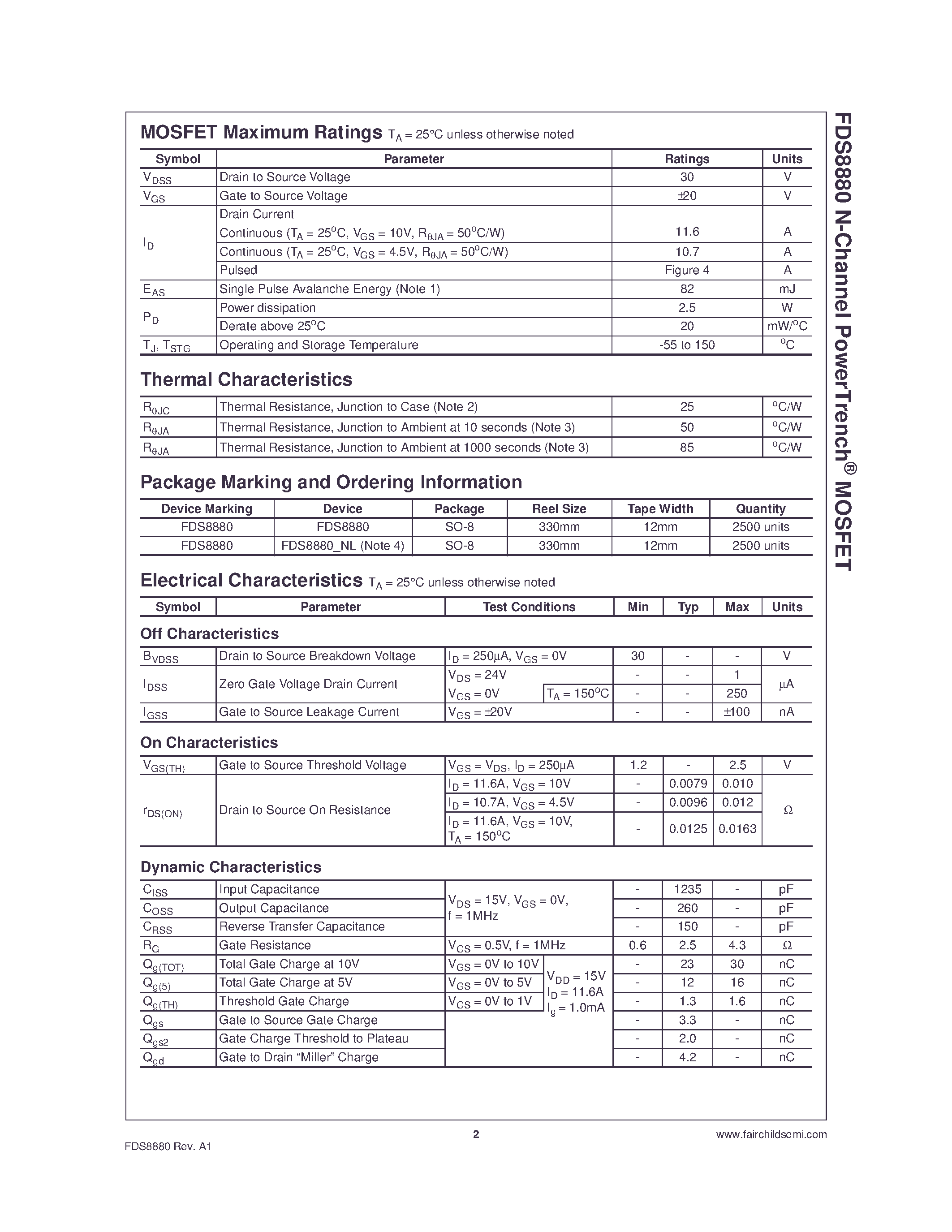 Datasheet FDS8880 - N-Channel MOSFET page 2