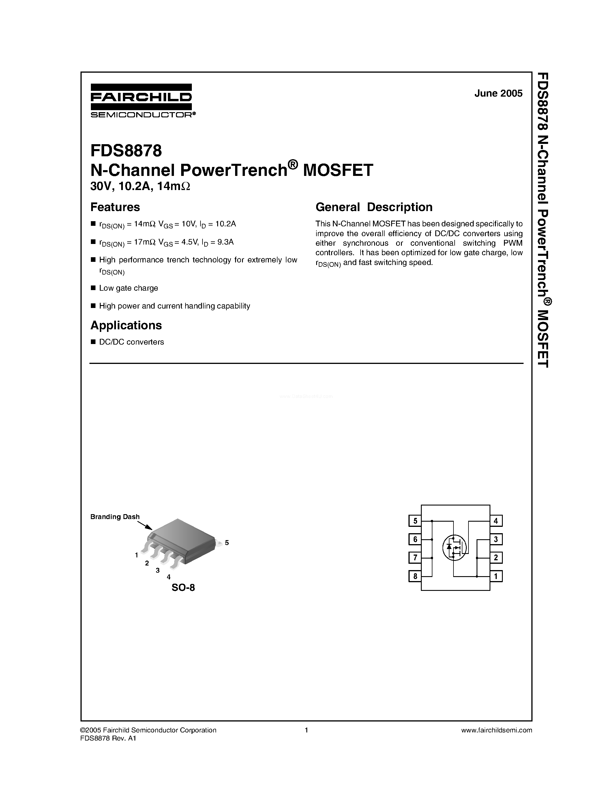 Datasheet FDS8878 - N-Channel MOSFET page 1