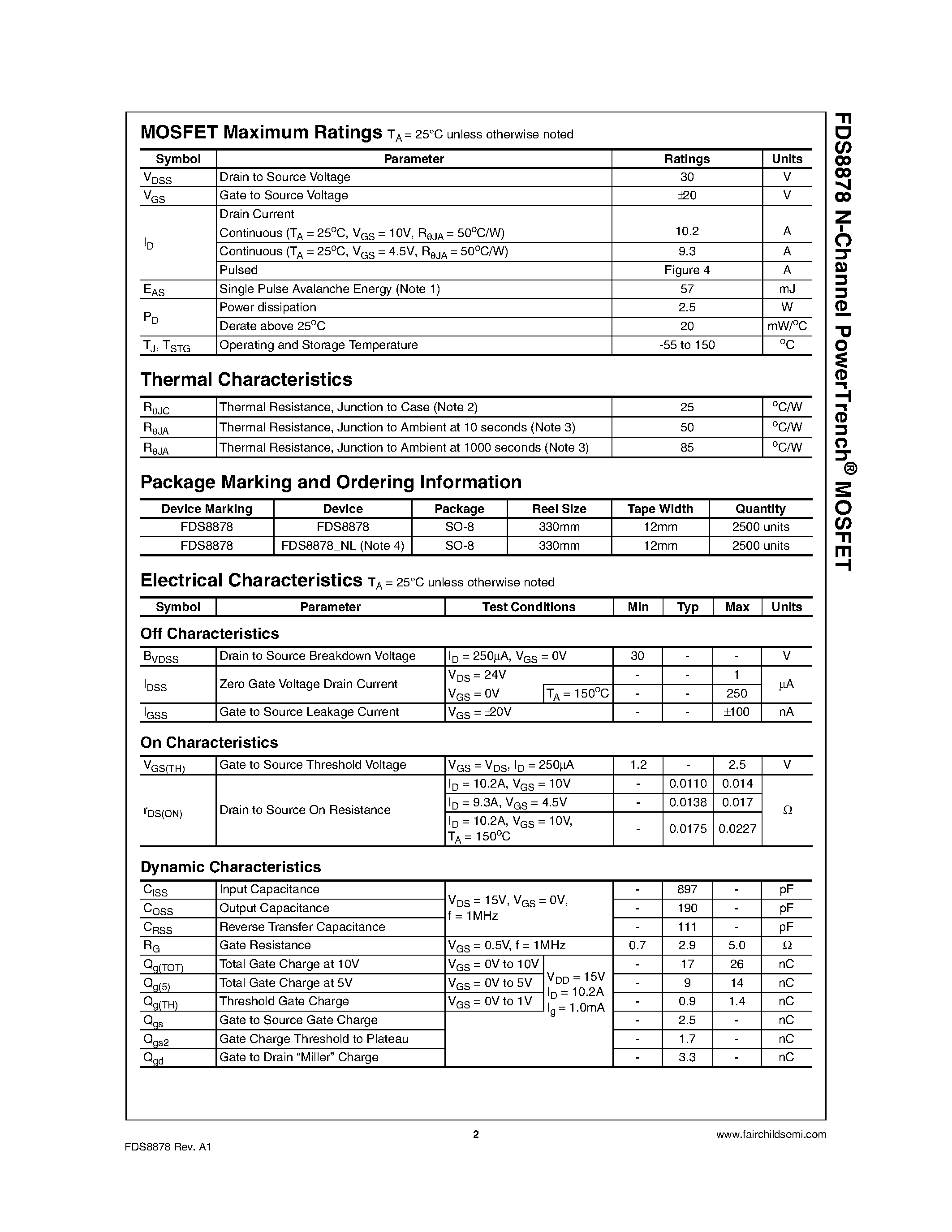 Datasheet FDS8878 - N-Channel MOSFET page 2