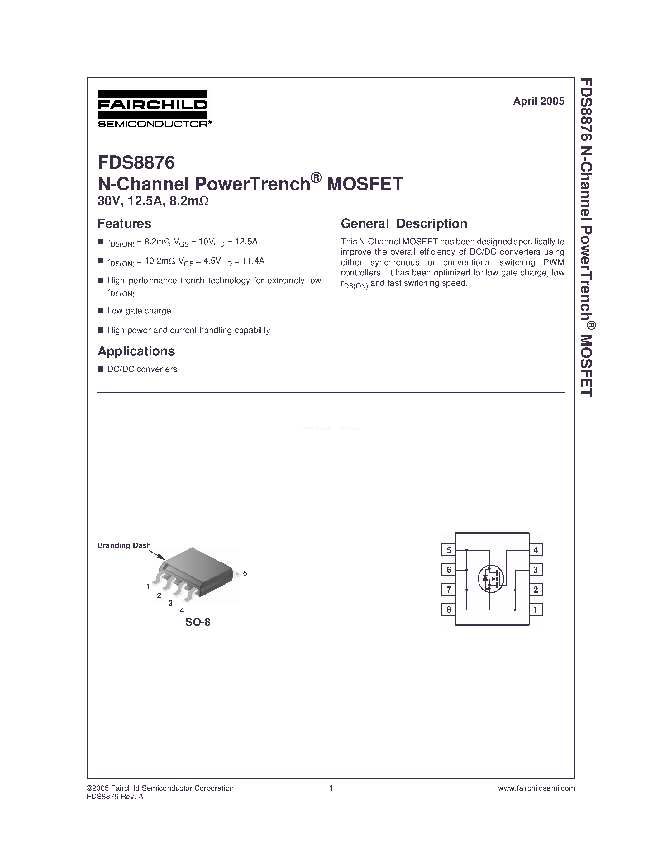 Datasheet FDS8876 - N-Channel MOSFET page 1