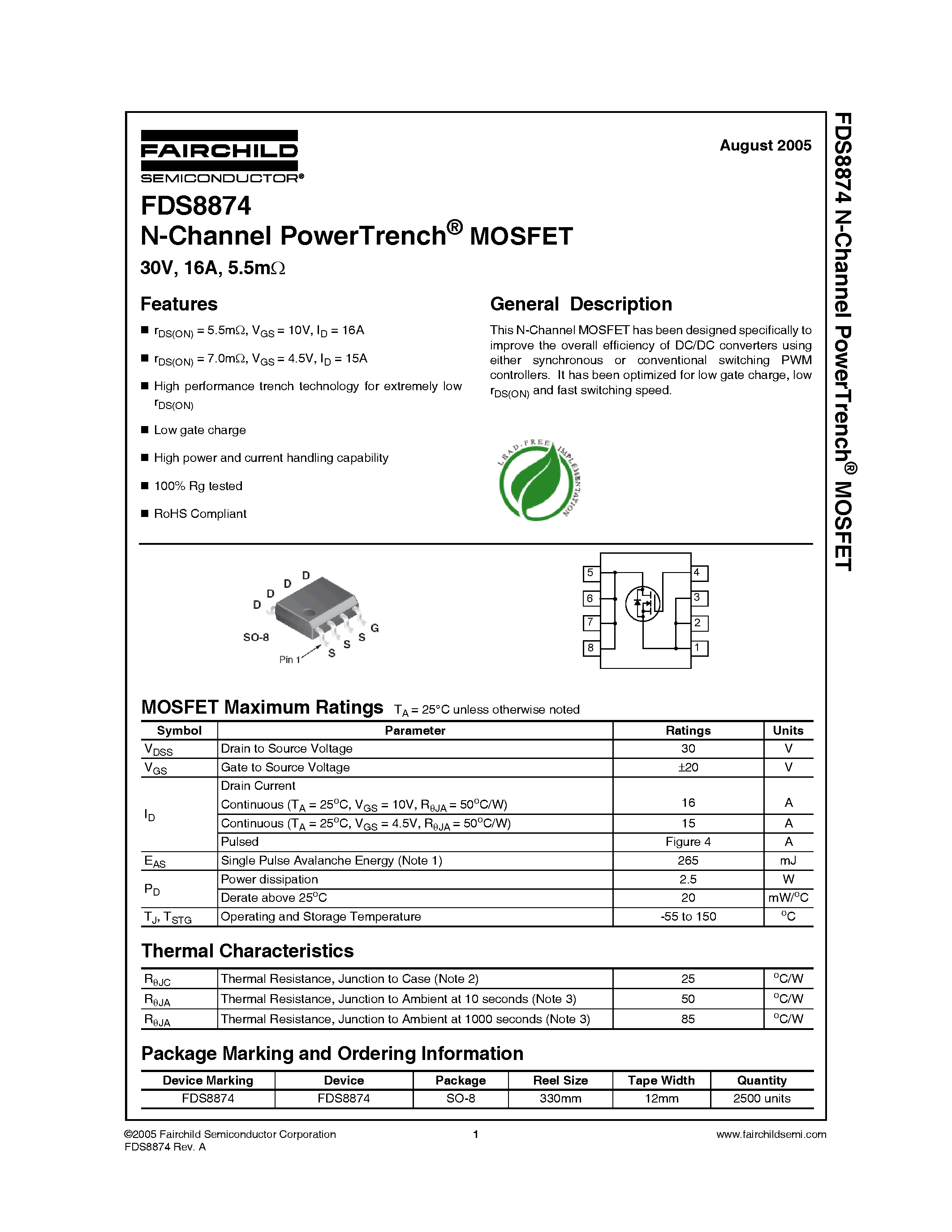 Datasheet FDS8874 - N-Channel MOSFET page 1