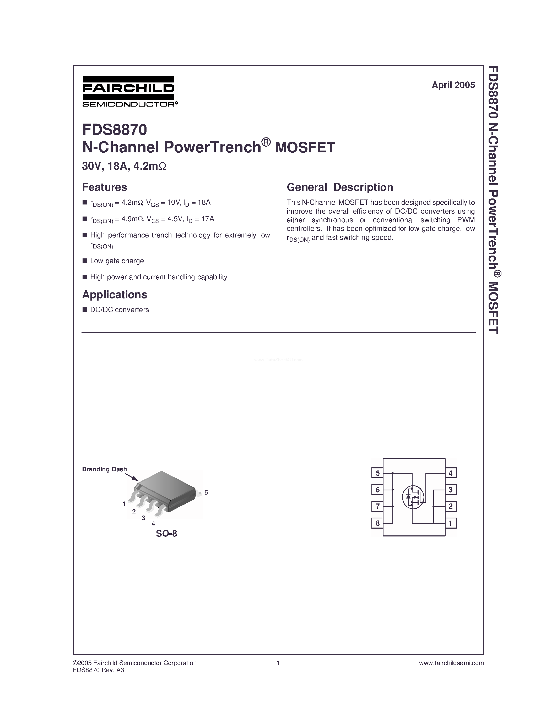 Даташит FDS8870 - N-Channel MOSFET страница 1