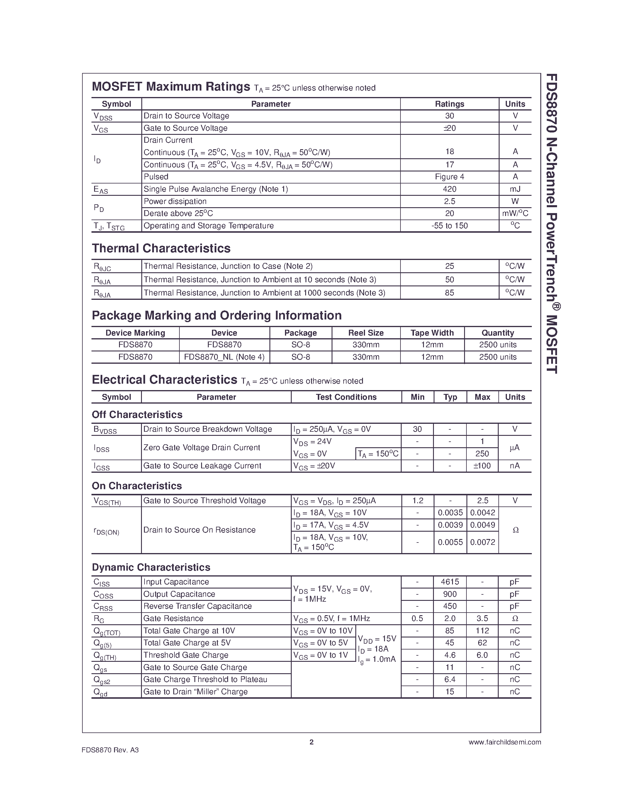 Даташит FDS8870 - N-Channel MOSFET страница 2