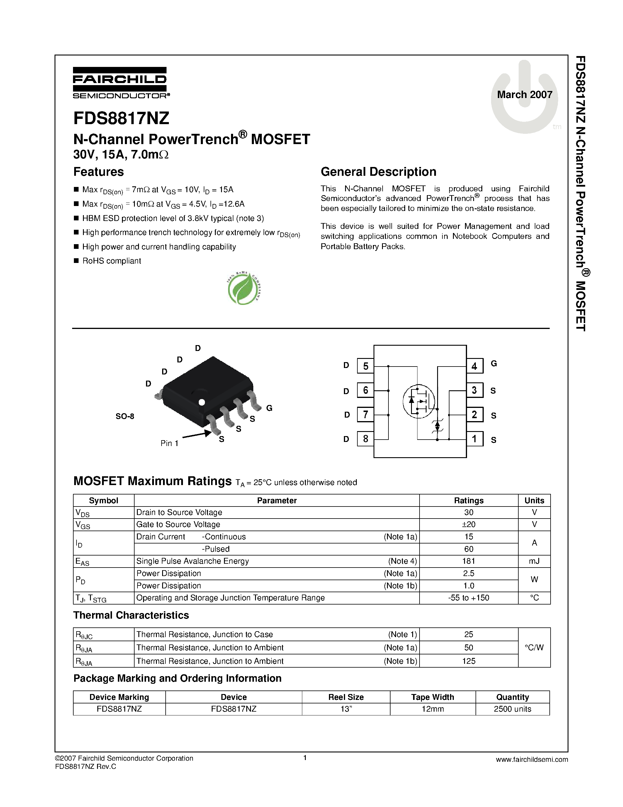 Datasheet FDS8817NZ - N-Channel MOSFET page 1