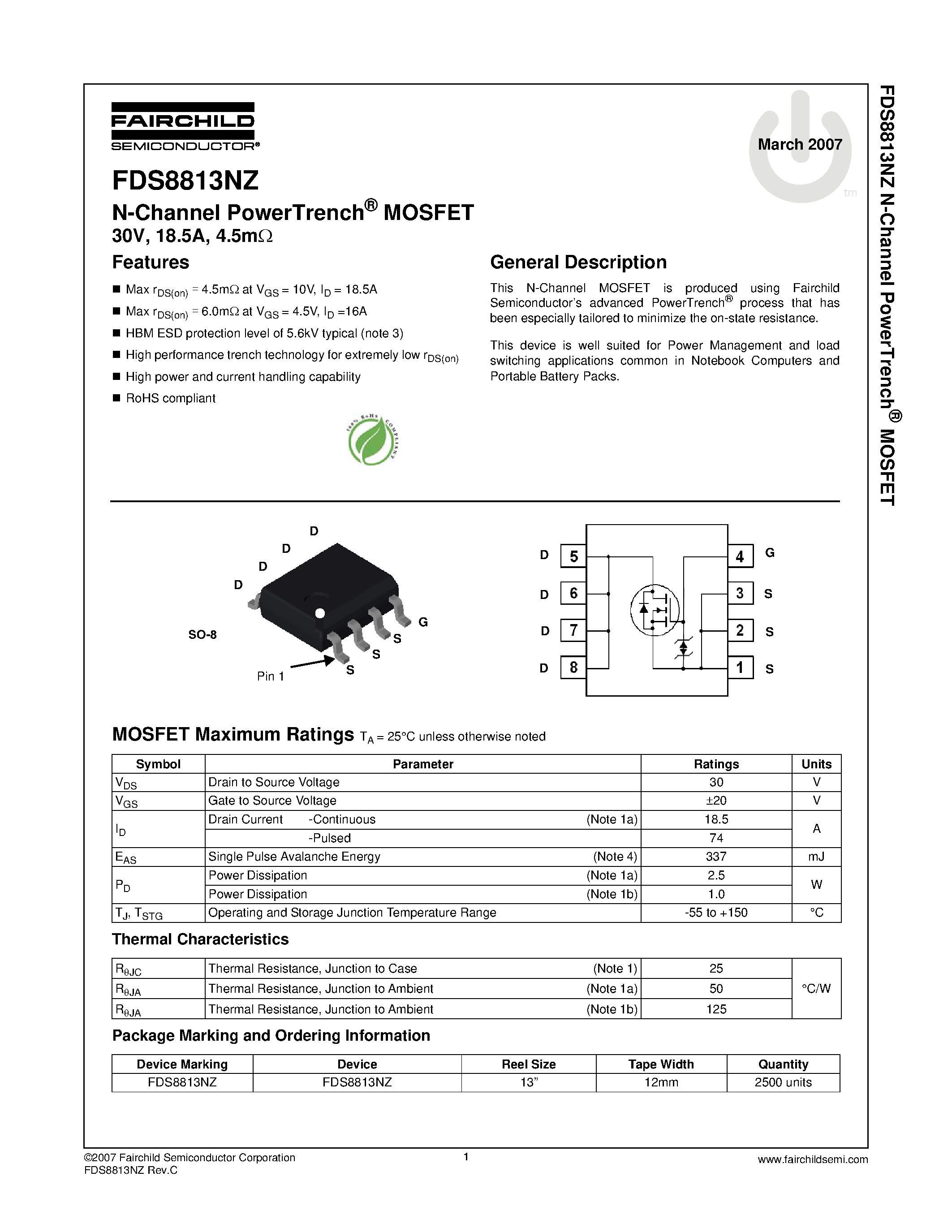 Datasheet FDS8813NZ - N-Channel MOSFET page 1