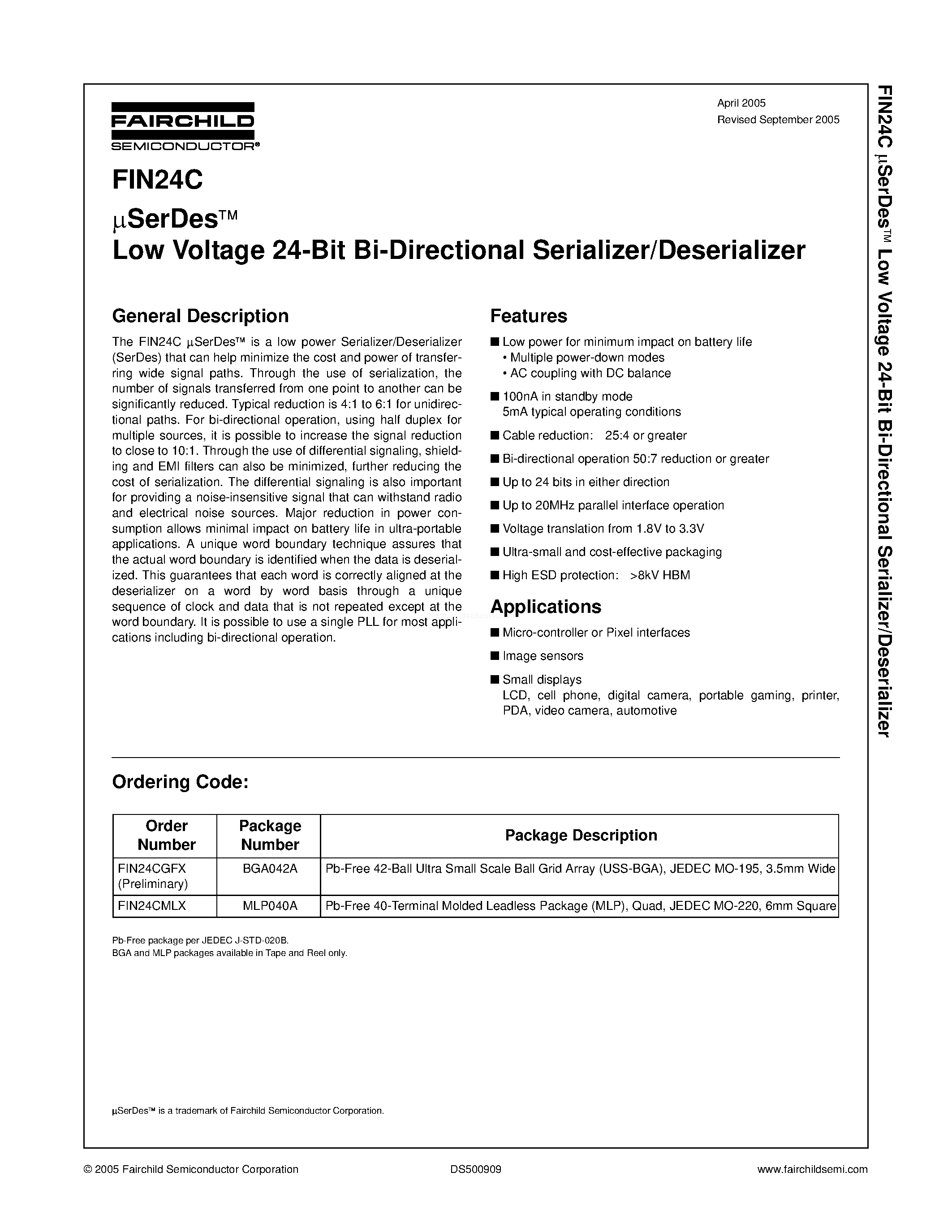 Даташит FIN24C - uSerDes Low Voltage 24-Bit Bi-Directional Serializer/Deserializer страница 1