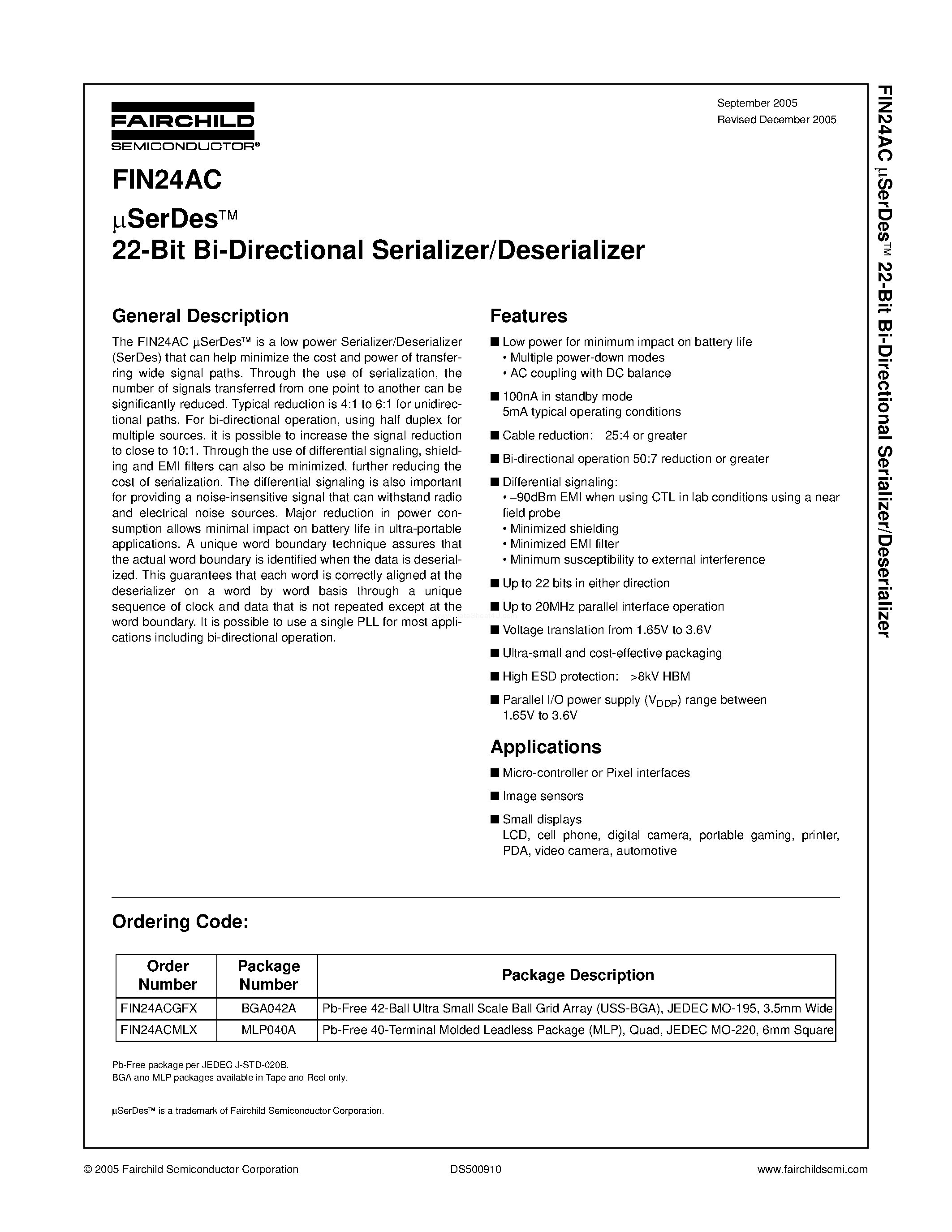 Даташит FIN24AC - USerDesTM 22-Bit Bi-Directional Serializer/Deserializer страница 1