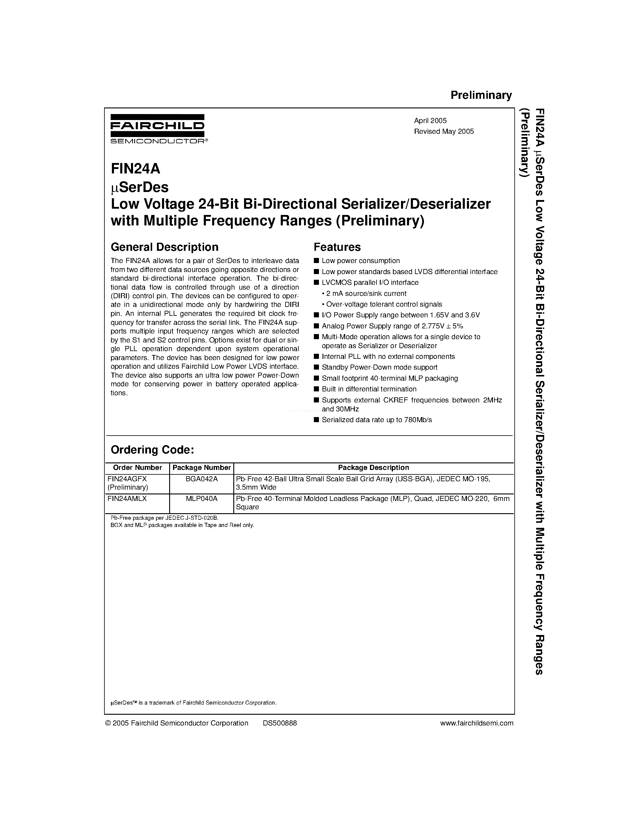 Даташит FIN24A - Low Voltage 24-Bit Bi-Directional Serializer/Deserializer страница 1