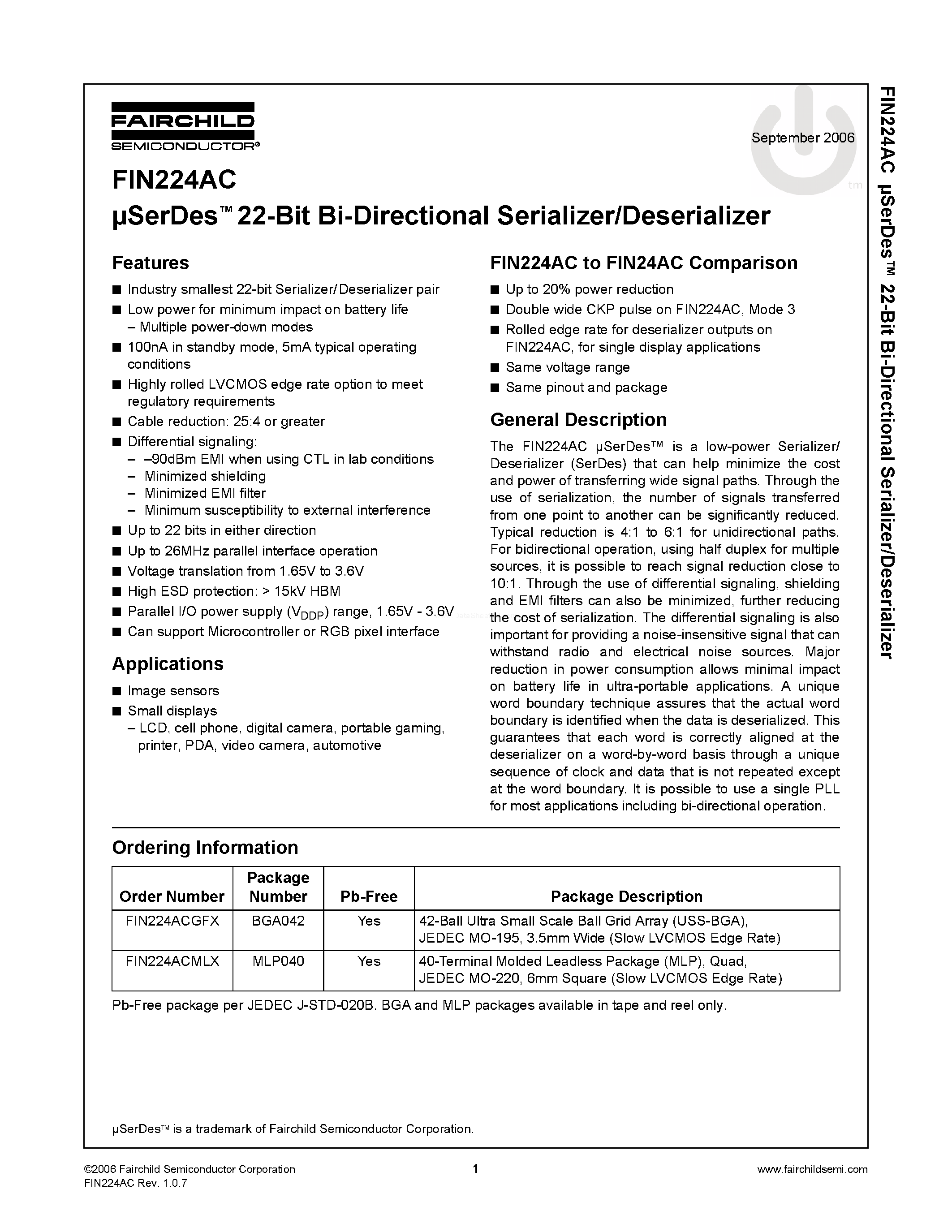 Даташит FIN224AC - USerDes 22-Bit Bi-Directional Serializer/Deserializer страница 1