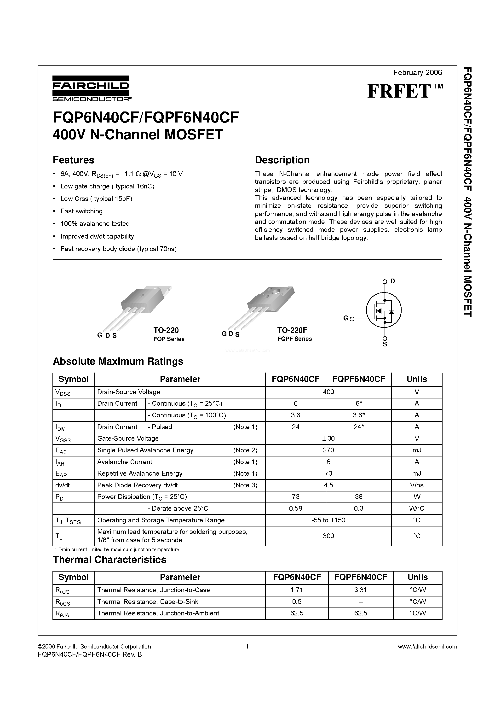 Даташит FQP6N40CF - N-Channel MOSFET страница 1