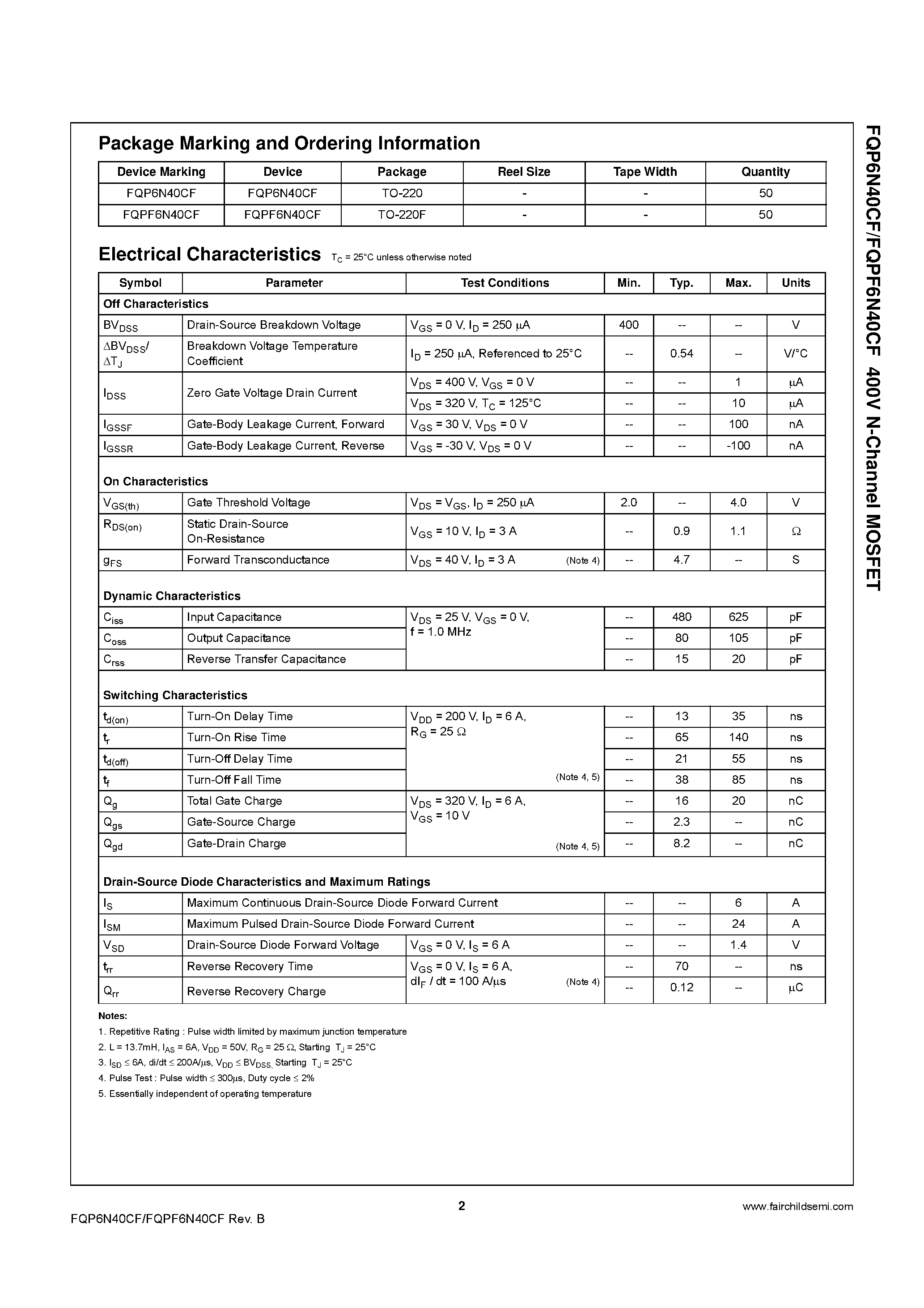 Даташит FQP6N40CF - N-Channel MOSFET страница 2