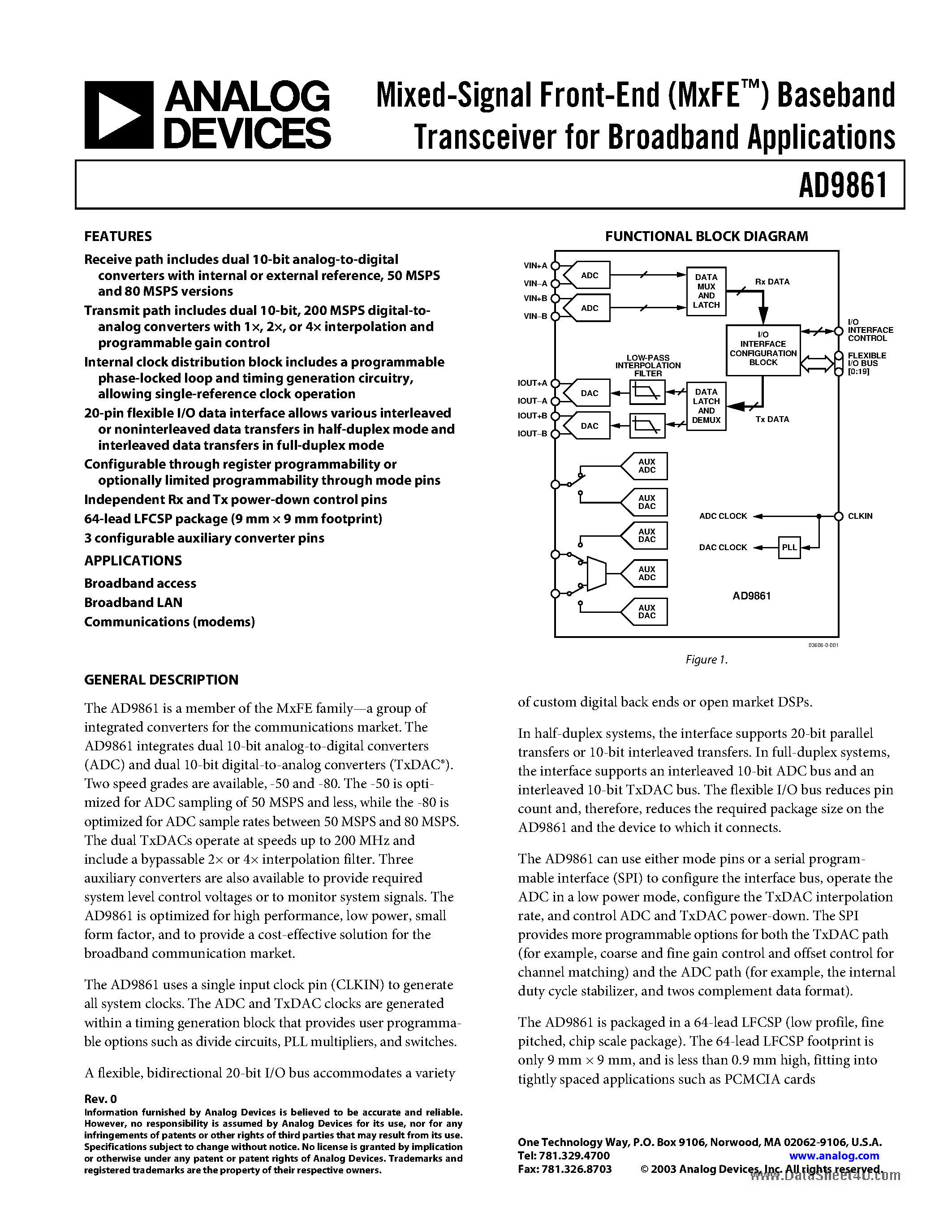 Datasheet AD9861 - Mixed-Signal Front-End (MxFE-TM) Baseband Transceiver page 1