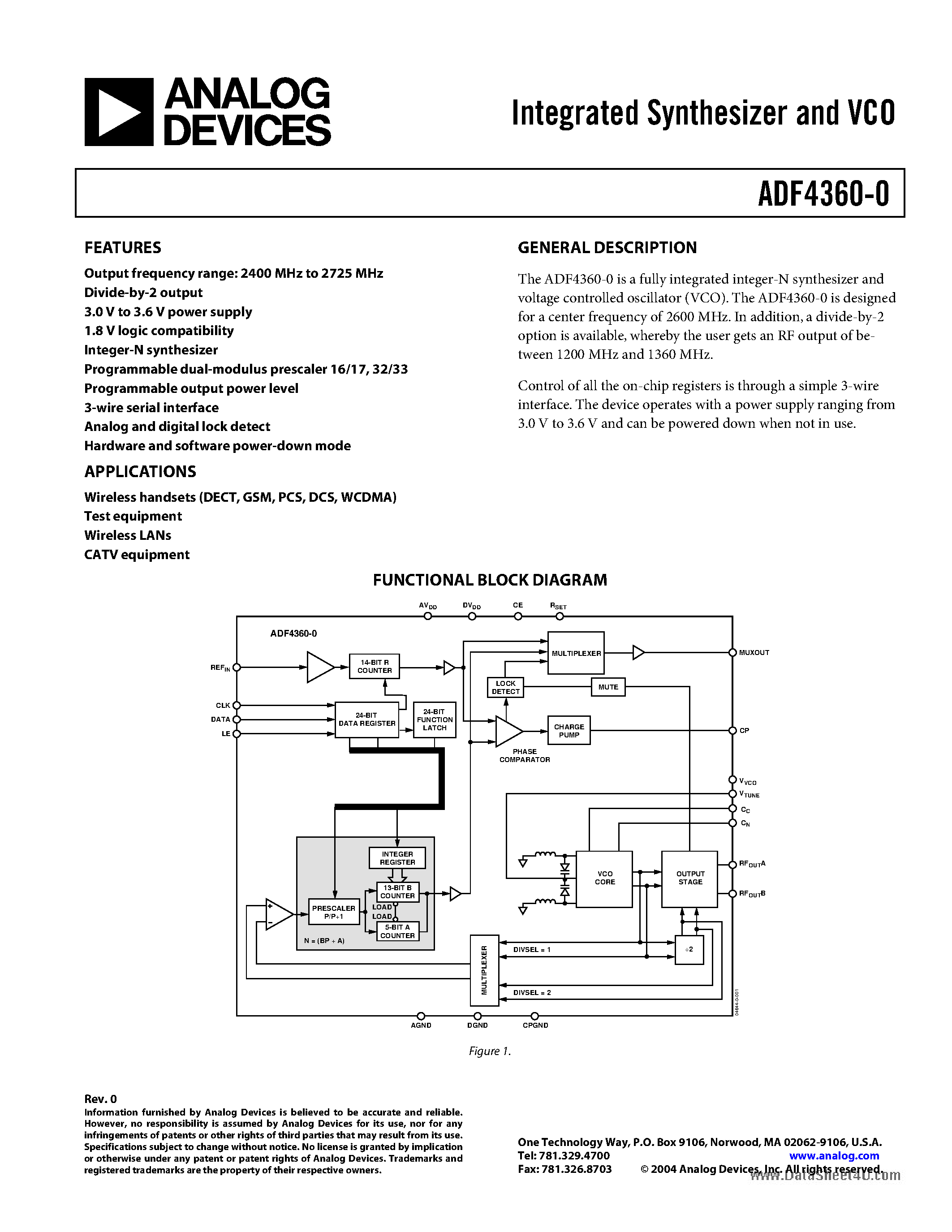 Даташит ADF4360-0 - Integrated Synthesizer and VCO страница 1