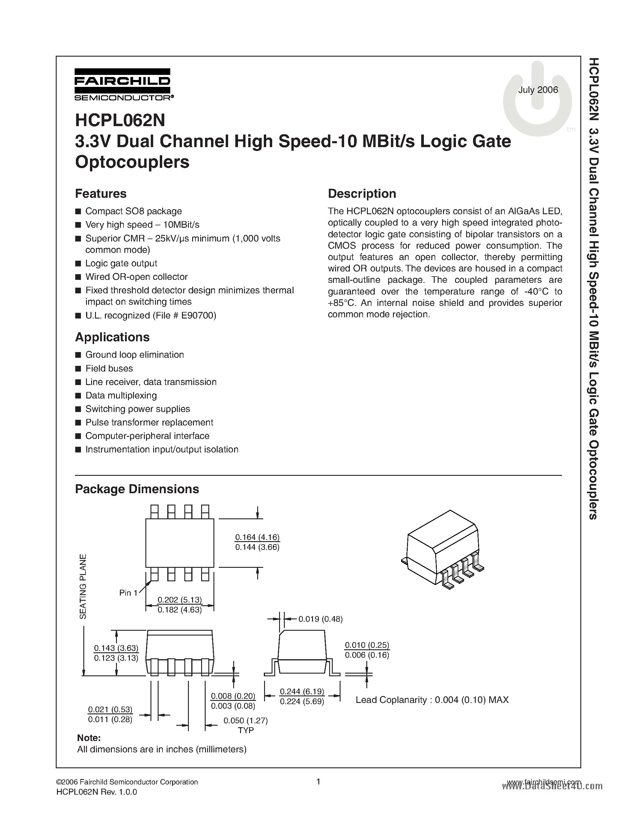 Datasheet HCPL062N - Dual Channel High Speed-10 MBit/s Logic Gate Optocouplers page 1