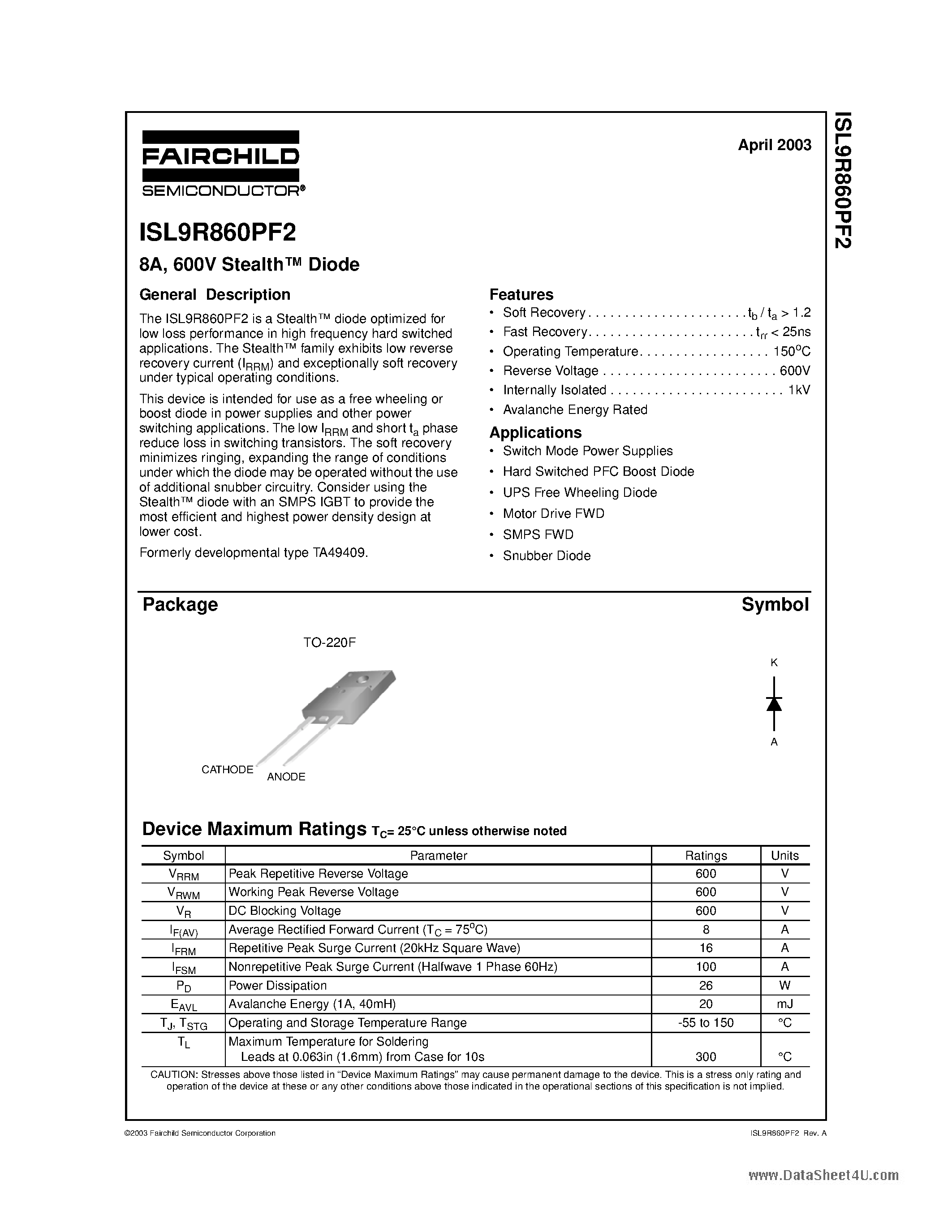 Datasheet ISL9R860PF2 - Diode page 1