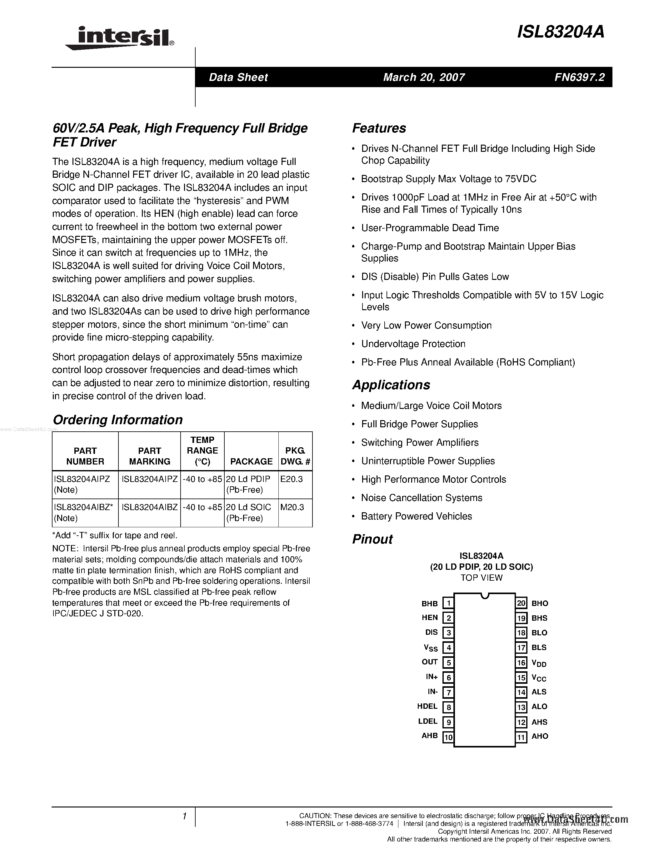 Datasheet ISL83204A - High Frequency Full Bridge FET Driver page 1