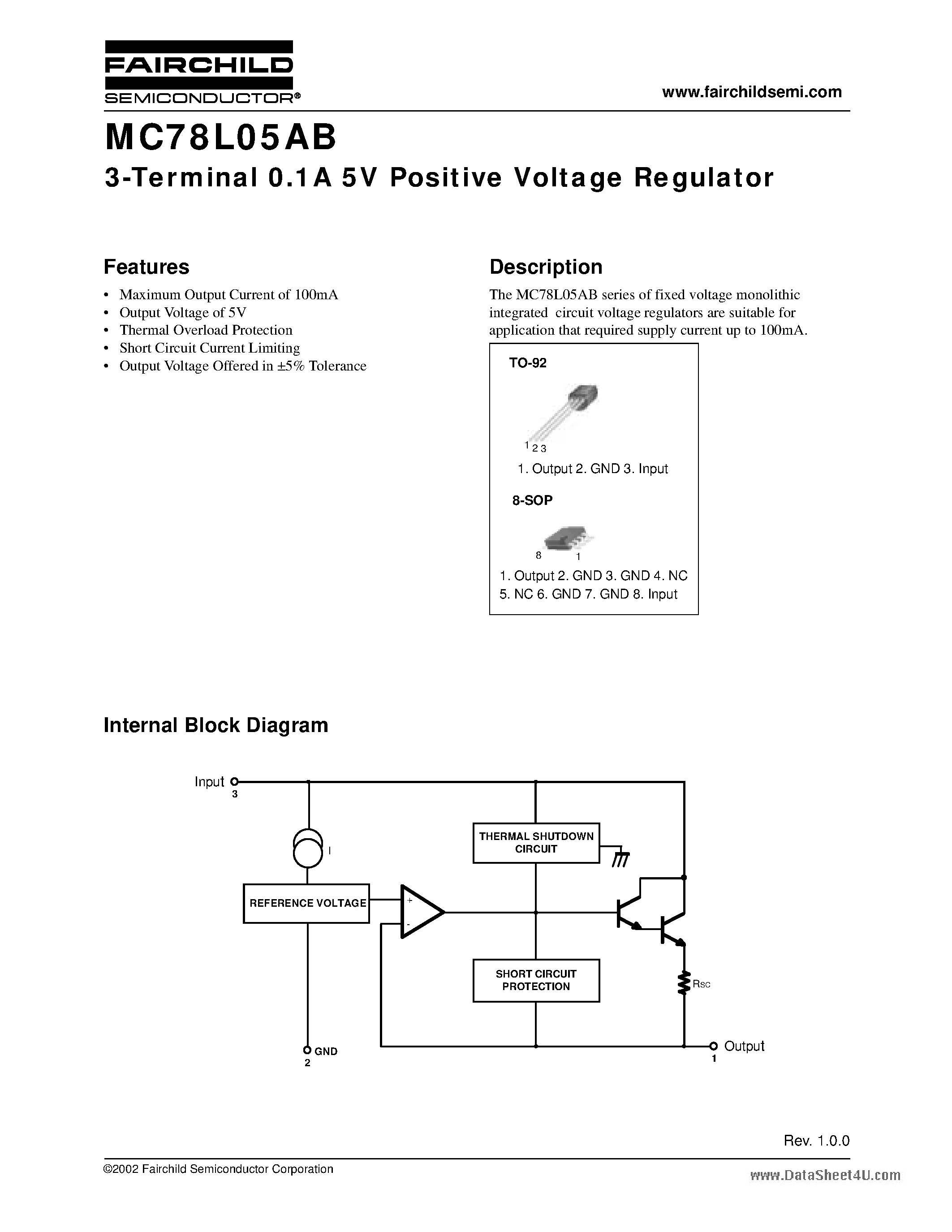 Datasheet MC78L05AB - 3-Terminal 0.1A 5V Positive Voltage Regulator page 1