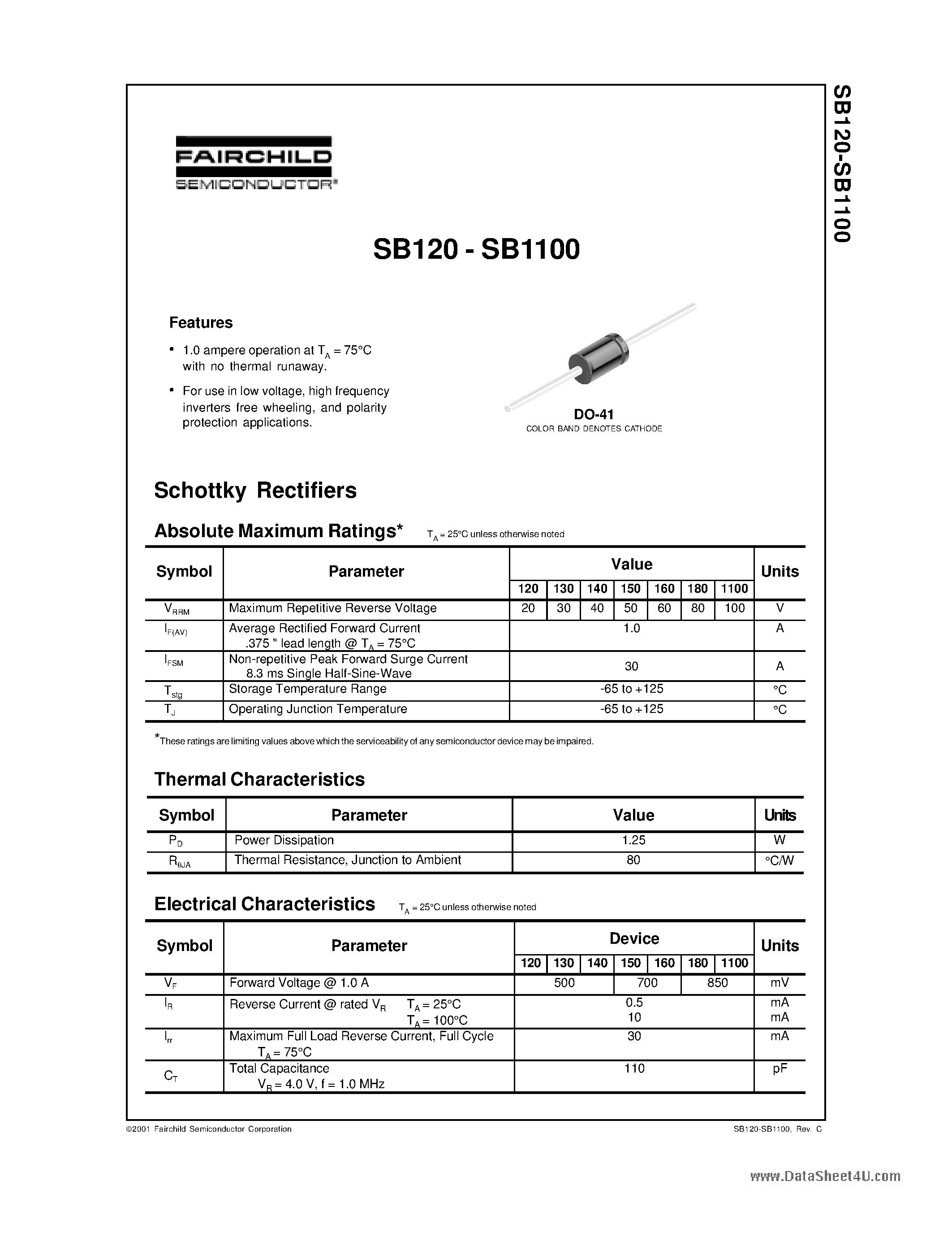 Datasheet SB1100 - (SB120 - SB1100) Schottky Rectifiers page 1