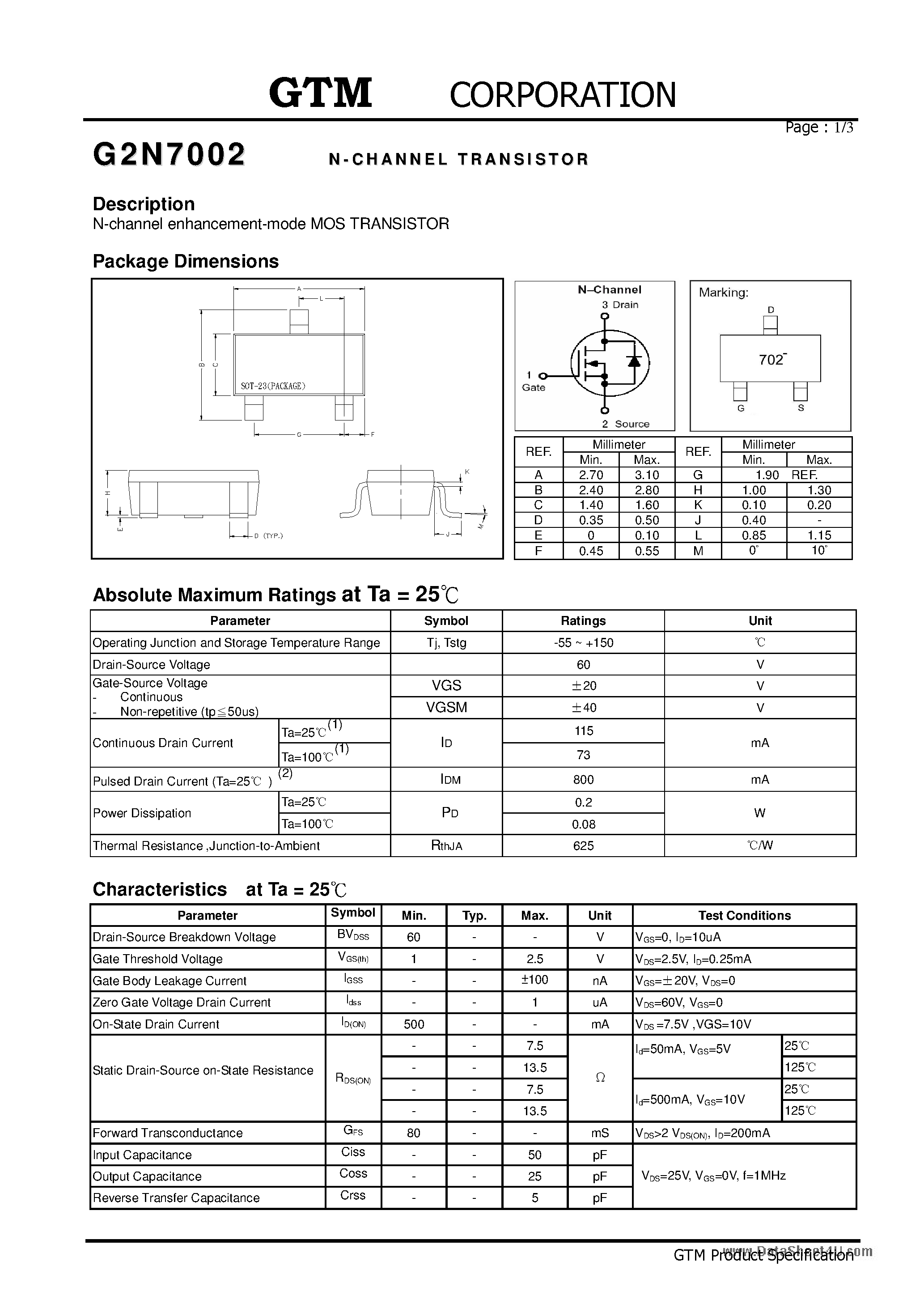 Даташит G2N7002 - N-CHANNELTRANSISTOR страница 1