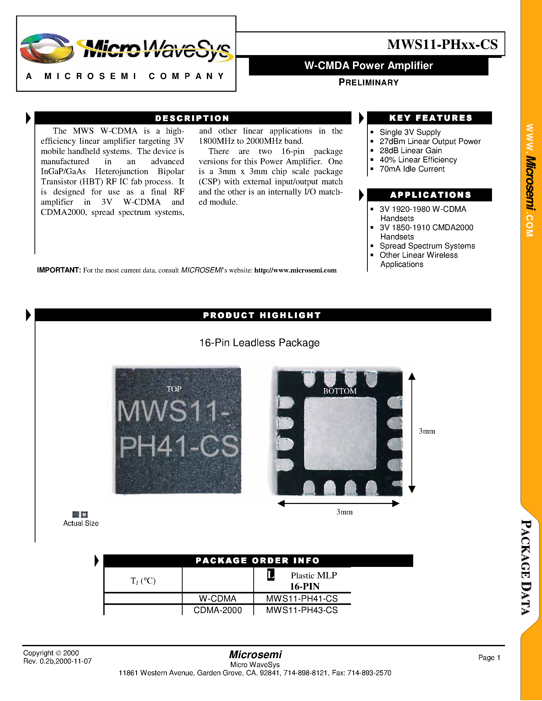 Даташит MWS11-PHXX-CS - W-CMDA Power Amplifier страница 1