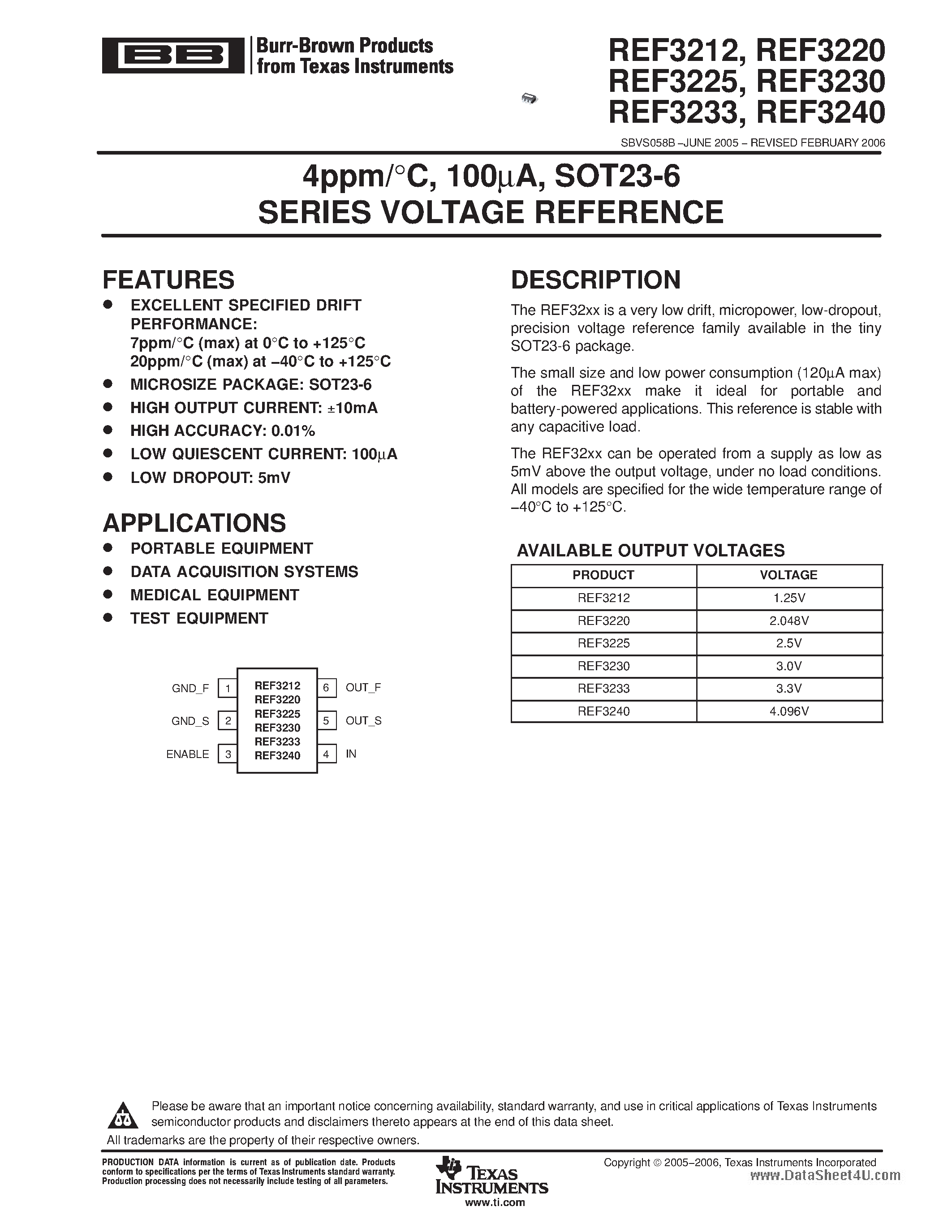 Даташит REF3212 - (REF3212 - REF3240) SOT23-6 SERIES VOLTAGE REFERENCE страница 1