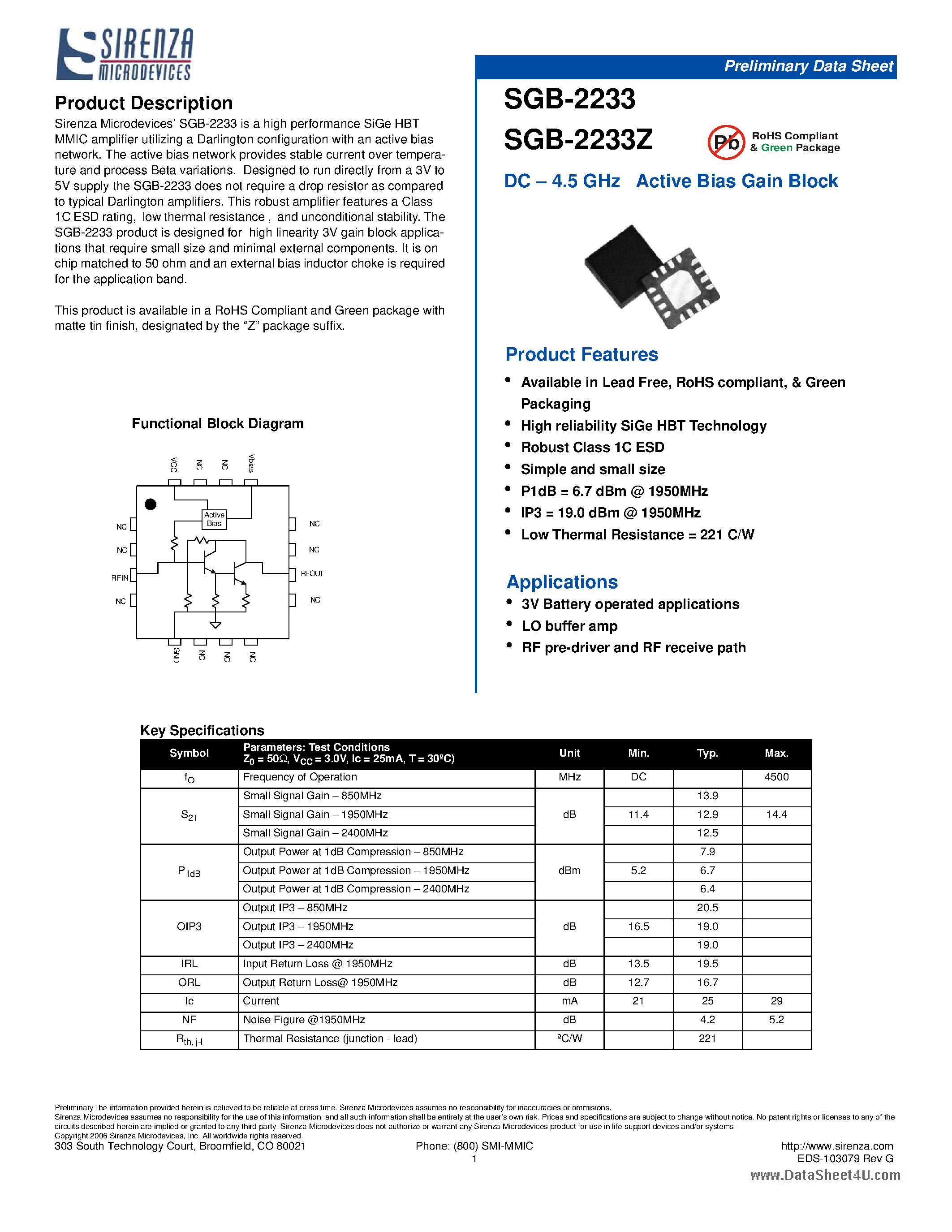 Даташит SGB-2233Z - DC - 4.5 GHz Active Bias Gain Block страница 1