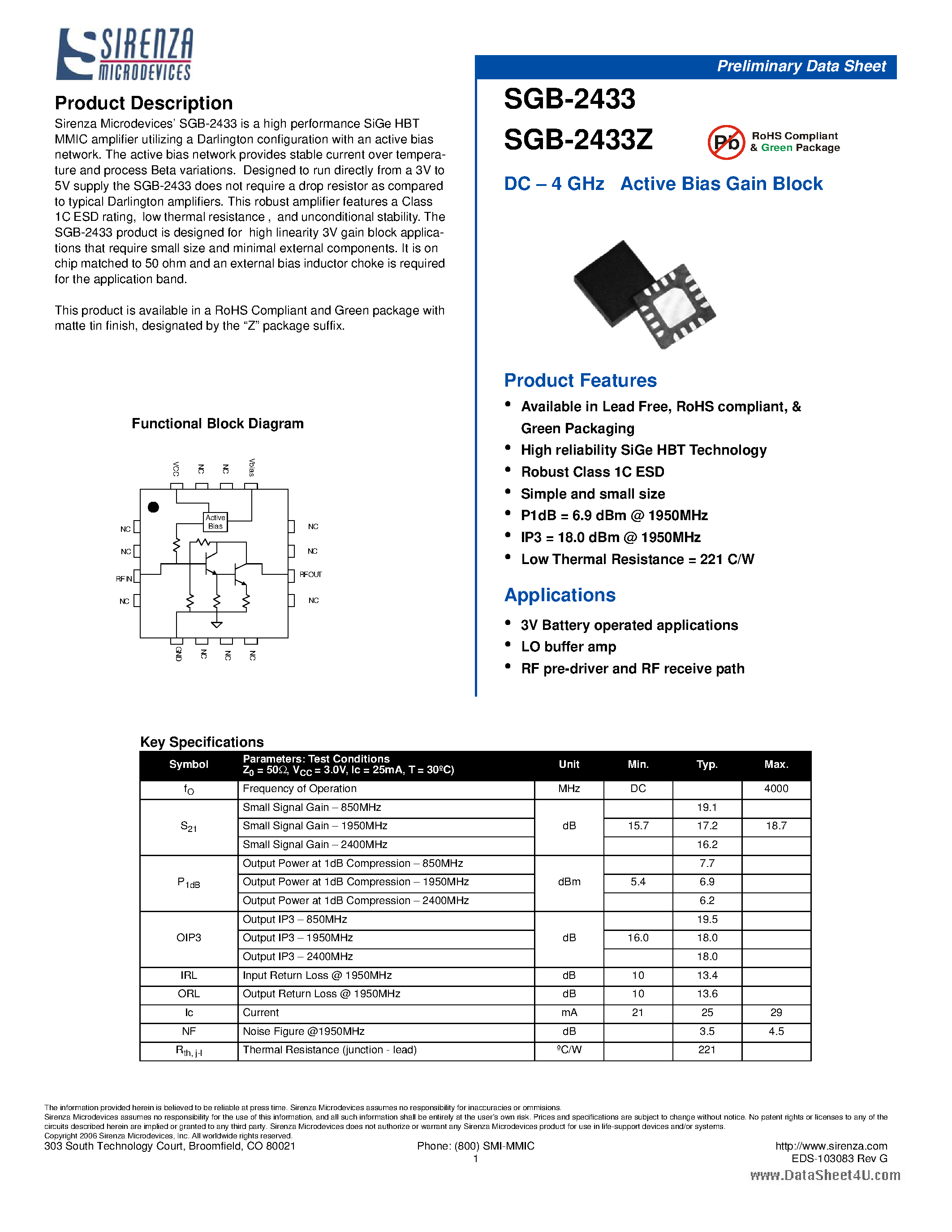 Даташит SGB-2433Z - DC - 4 GHz Active Bias Gain Block страница 1