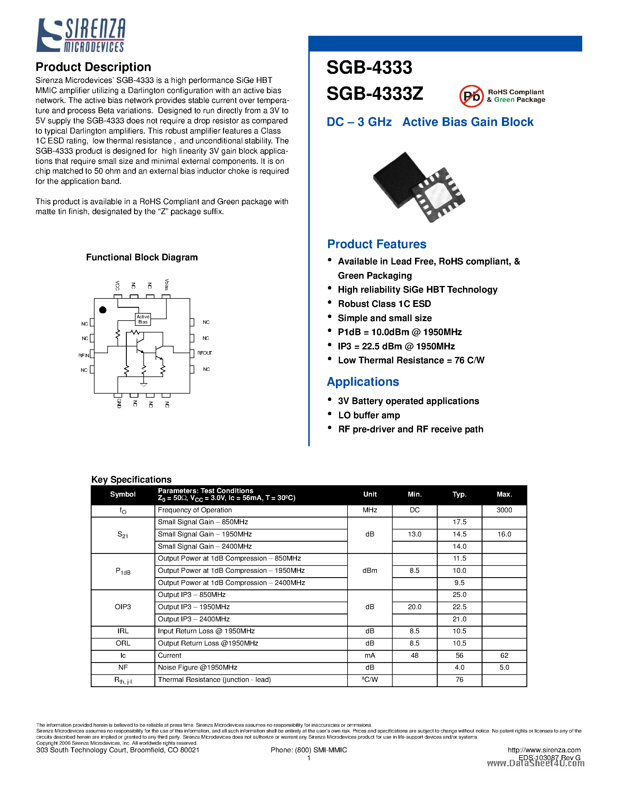 Даташит SGB-4333Z - DC - 3 GHz Active Bias Gain Block страница 1