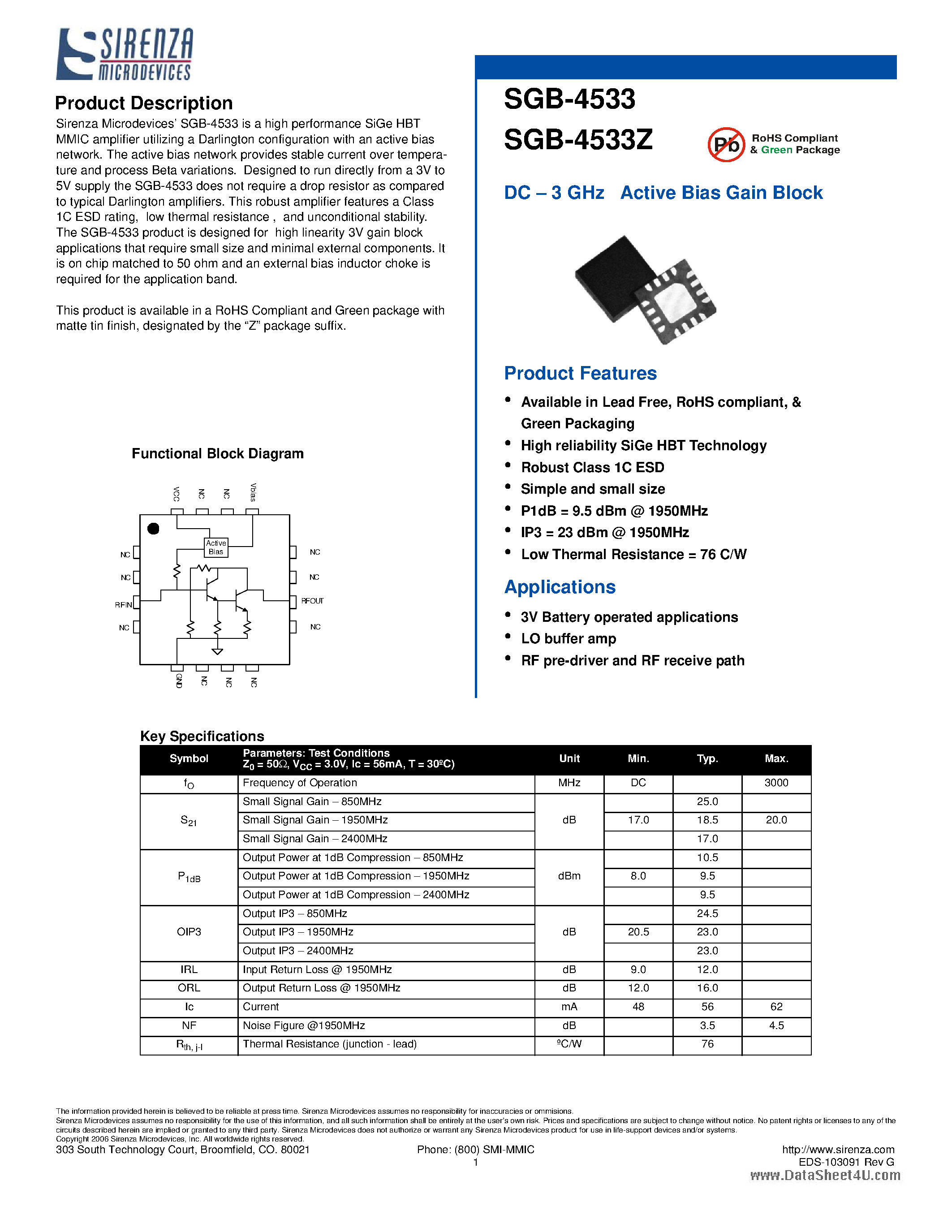 Даташит SGB-4533Z - DC - 3 GHz Active Bias Gain Block страница 1